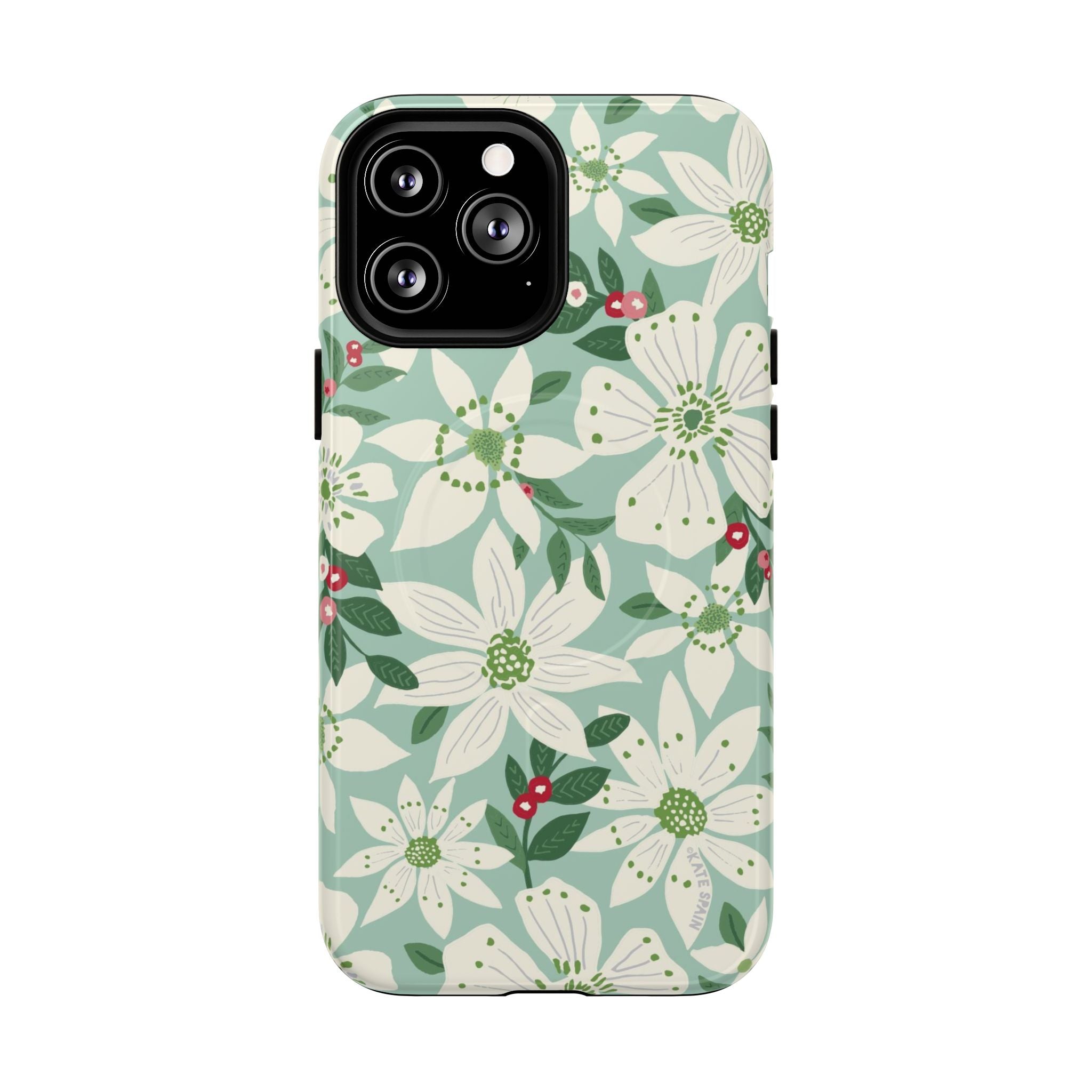 Gardenia MagSafe iPhone 13 Pro Max Case – Glossy | light blue, white, green, red gardenia botanical print