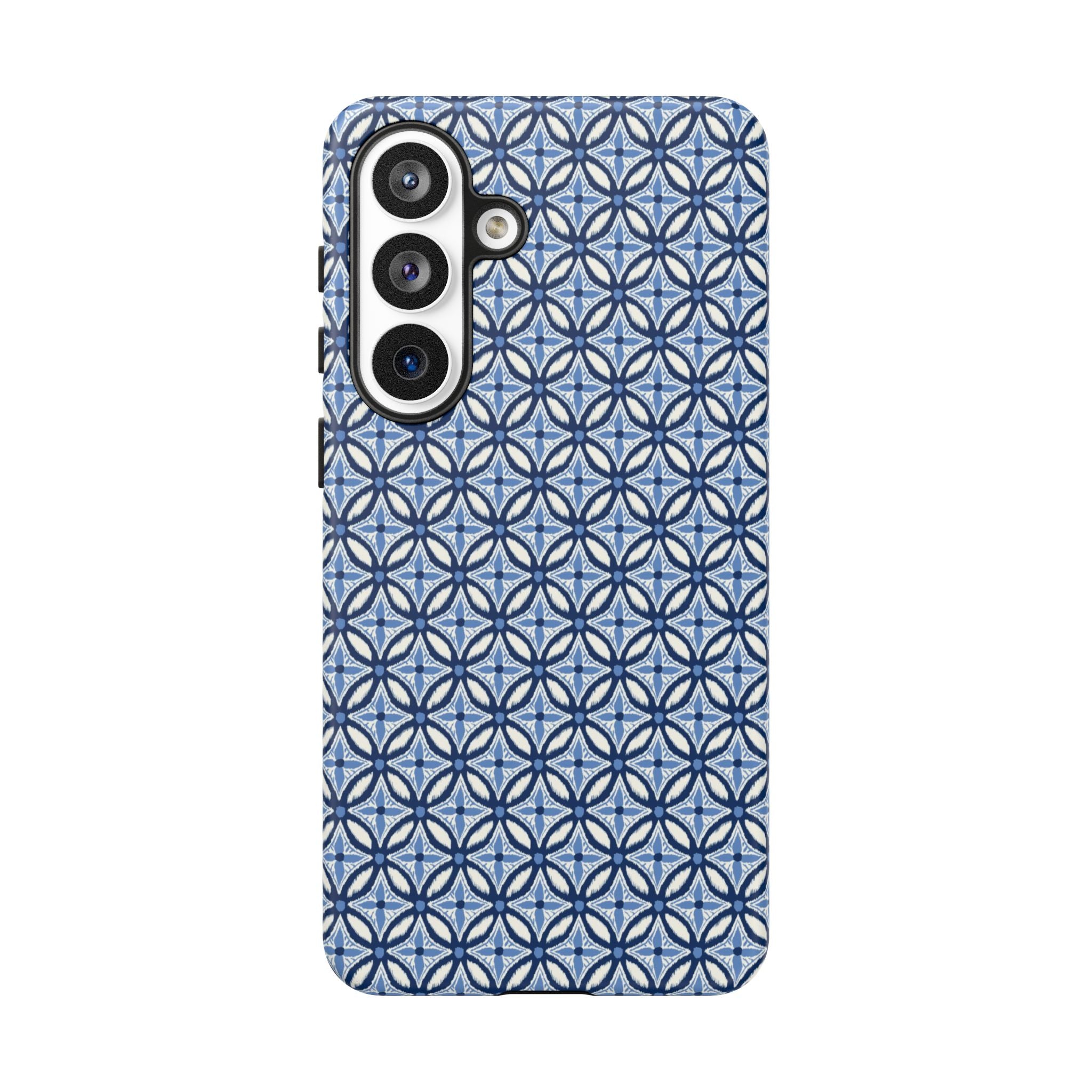 Light blue Samsung Galaxy case with navy and periwinkle ikat geometric pattern — botanical phone case by Kate Spain for Floriori