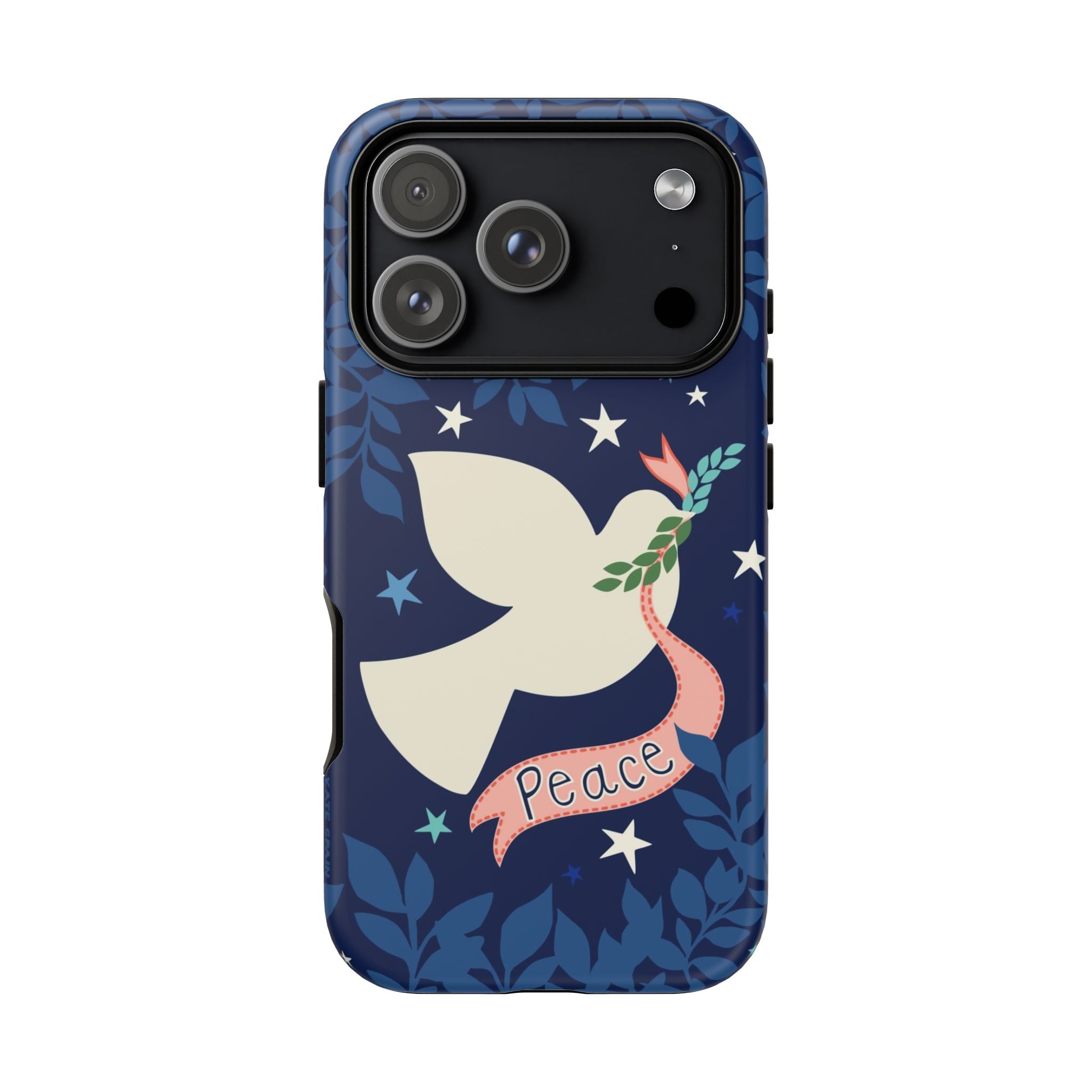 Peace Tough iPhone 17 Pro Case – Matte | navy, cream peace dove, stars, botanical print