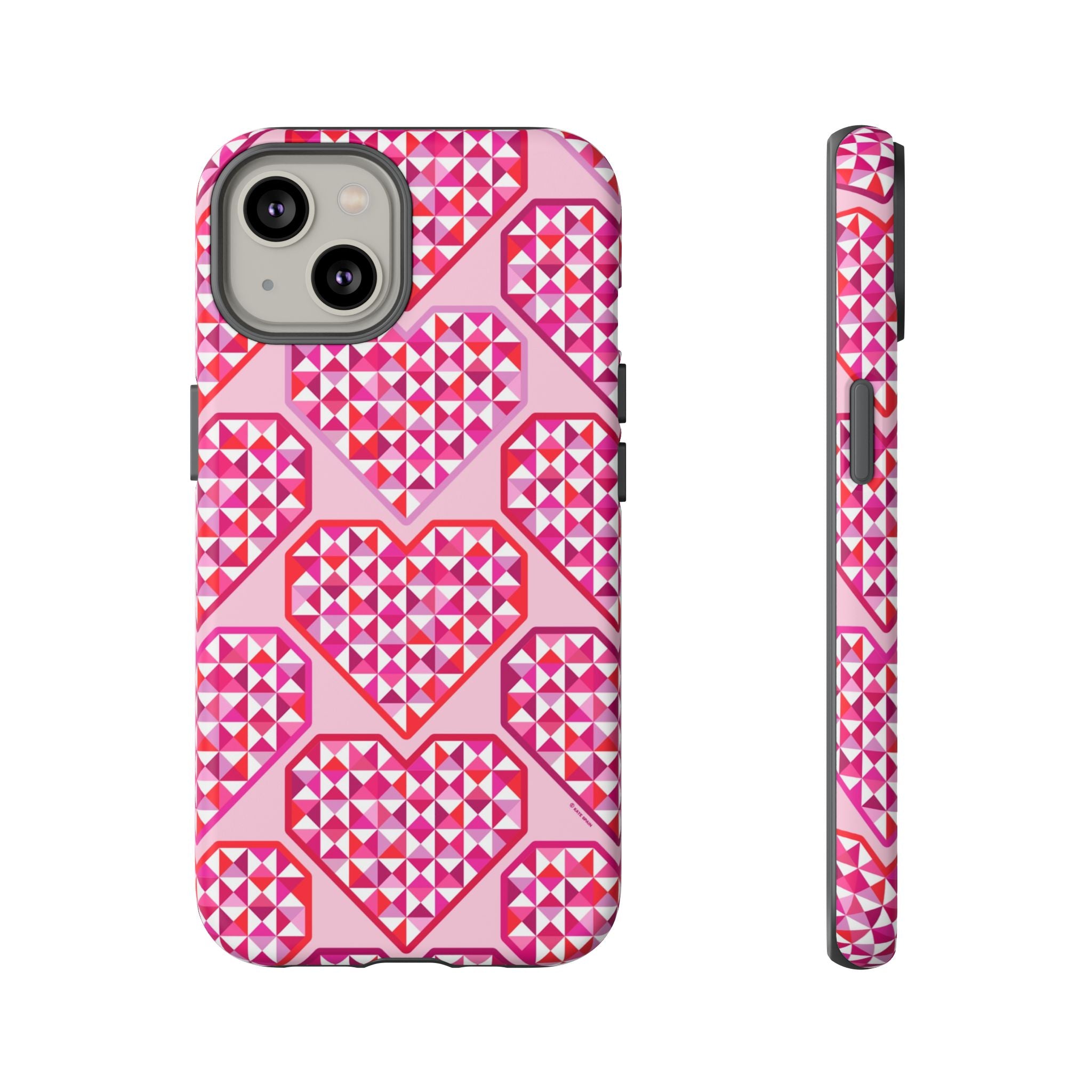 Pink Pyramid Heart Tough iPhone 14 Case – Matte | blush, pink, magenta, red geometric pyramid heart print