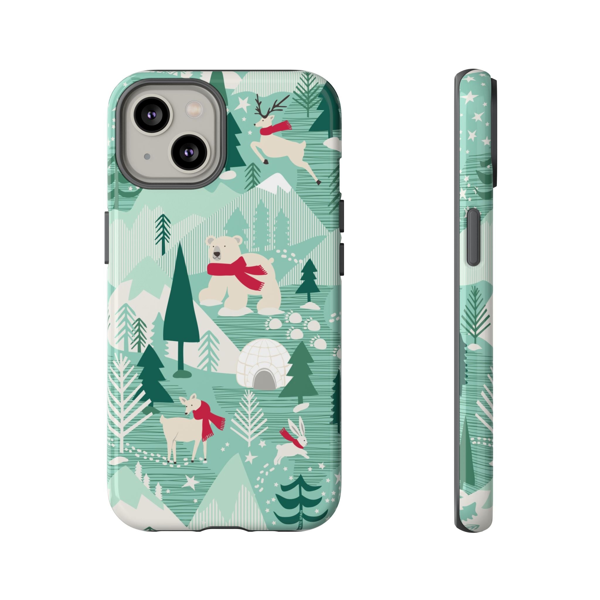 Arctica Winter Tough iPhone 14 Case – Glossy | aqua, evergreen, white, animal frolic winter wonderland print