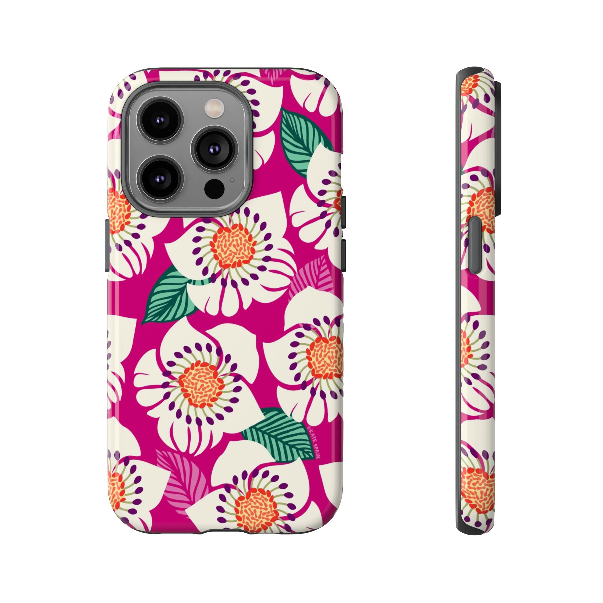 Panache Rose Tough iPhone 14 Pro Case – Glossy | berry, cream white, peach anemone floral print