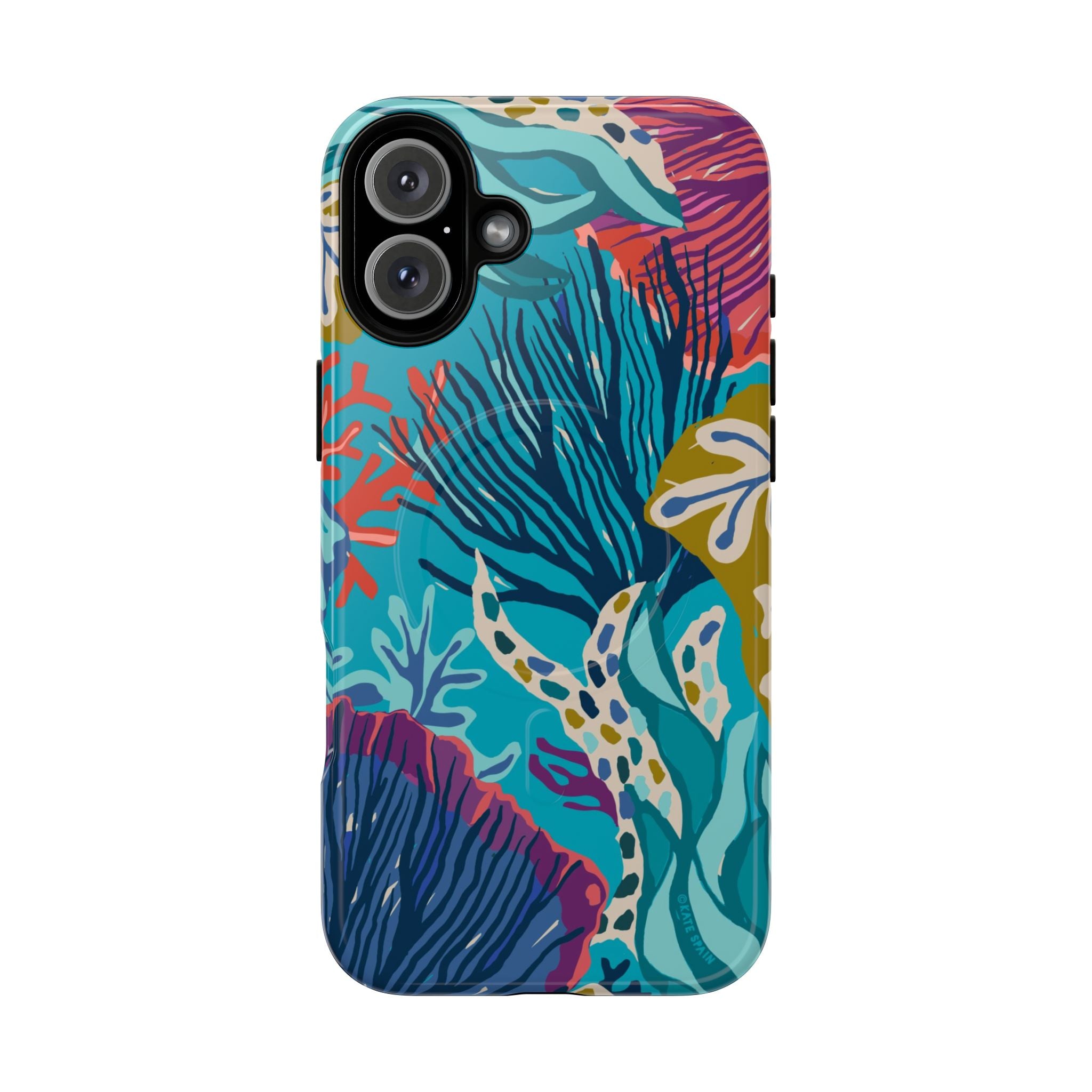 Reef MagSafe iPhone 16 Plus Case – Glossy | teal, coral, navy, purple botanical coral reef print