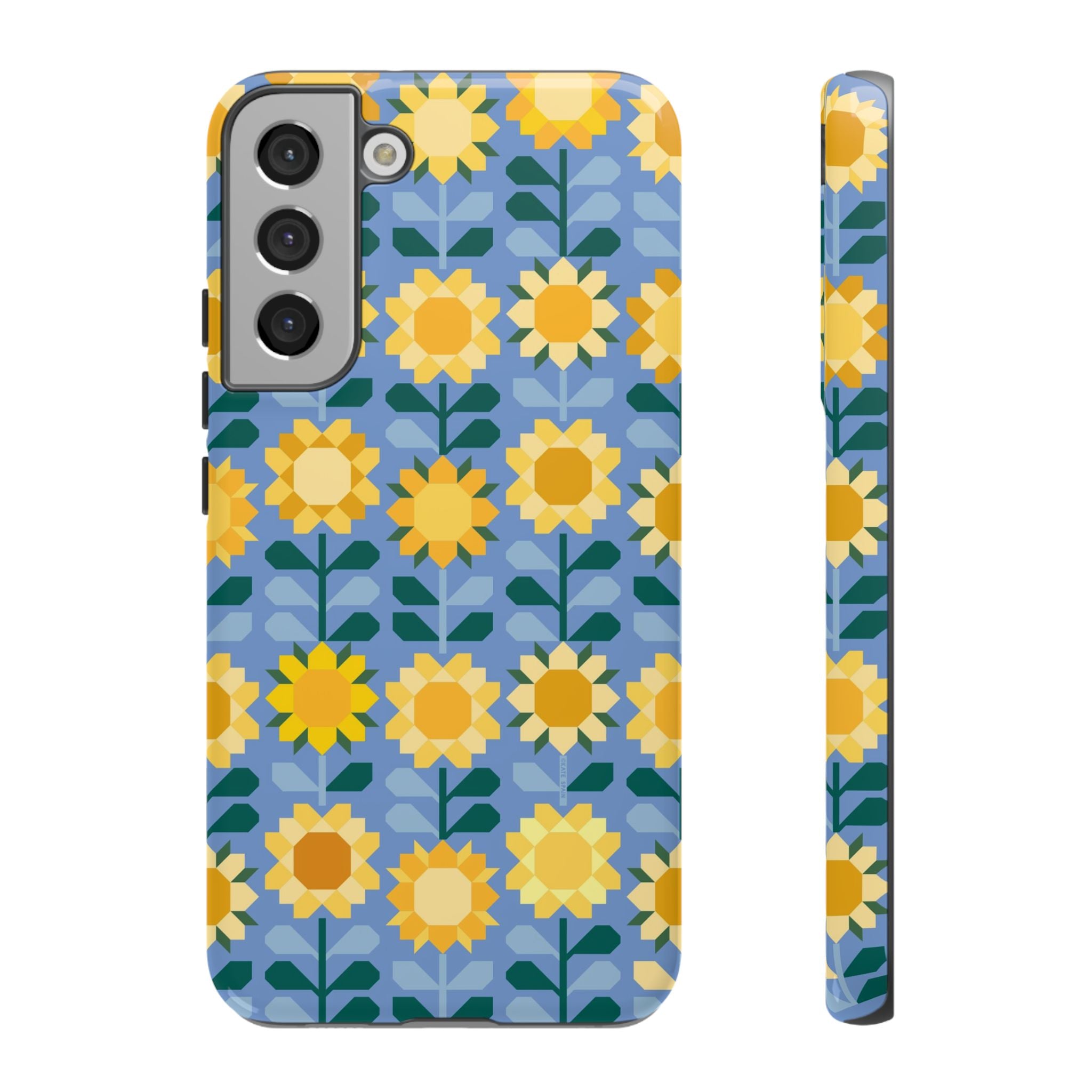 Luxury Sunflowers Samsung Galaxy S22 Plus Case – Glossy | blue, yellow, gold geometric sunflower print 