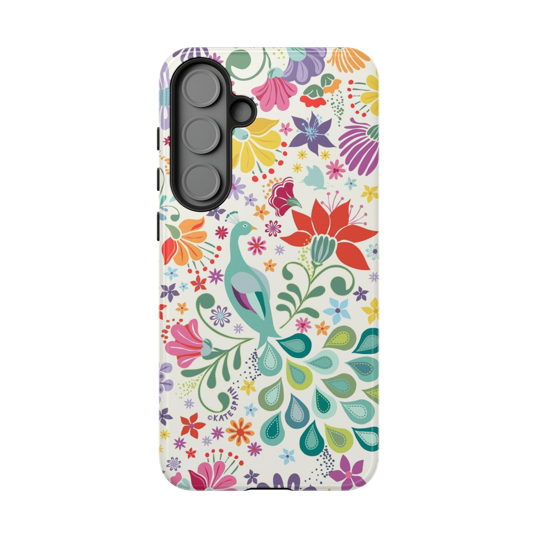 Luxury Peacock Sanctuary Samsung Galaxy S25 Plus Case – Glossy | white, teal, coral multicolor vibrant peacock feather botanical print