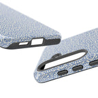 Canto Swirls Mist Samsung Galaxy S26 Glossy Case — dual-layer construction detail showing ports, camera cutout, and buttons; periwinkle blue folk-art medallion pattern