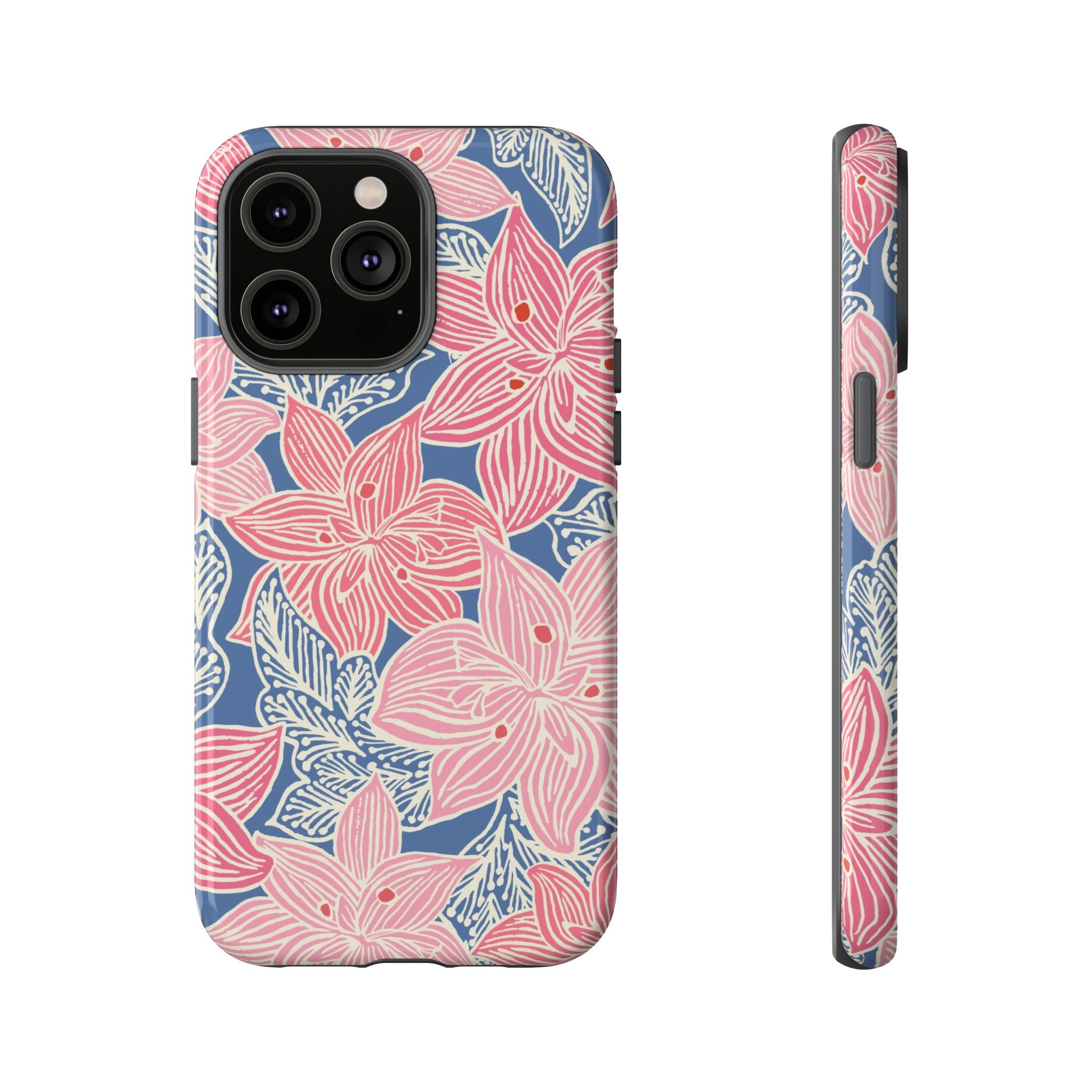 Hibiscus Lagoon Tough iPhone 14 Pro Max Case – Glossy | coral, blush, cream, dusty blue hibiscus botanical print