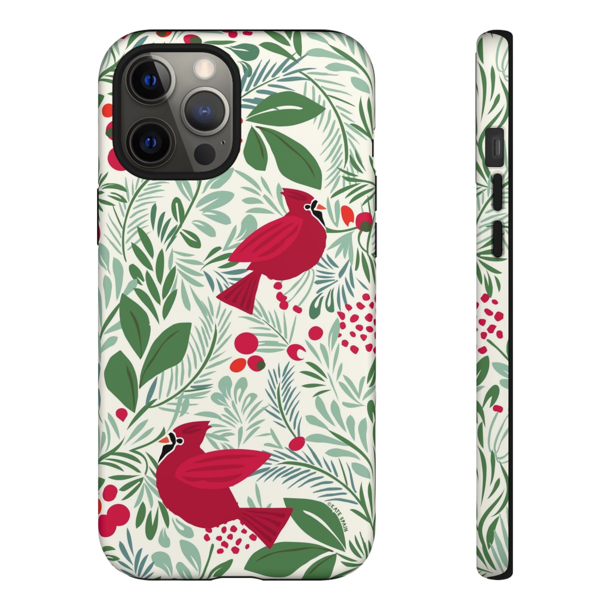 Birds and Berries Tough iPhone 12 Pro Max Case – Matte | cream, red, green botanical cardinal berry print