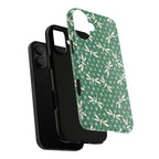 Designer Dragonfly Tough iPhone 17 Case – detail view of layered construction of case | jade green, aqua, cream dragonfly print