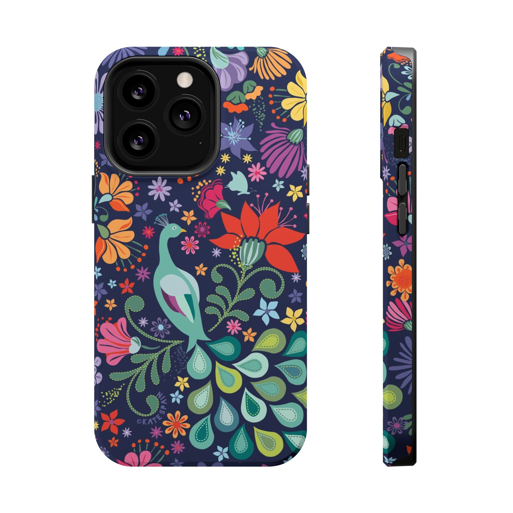 Peacock Sanctuary MagSafe iPhone 13 Pro Case – Matte | navy, teal, ivory peacock botanical print MagSafe compatible, dual-layer protection