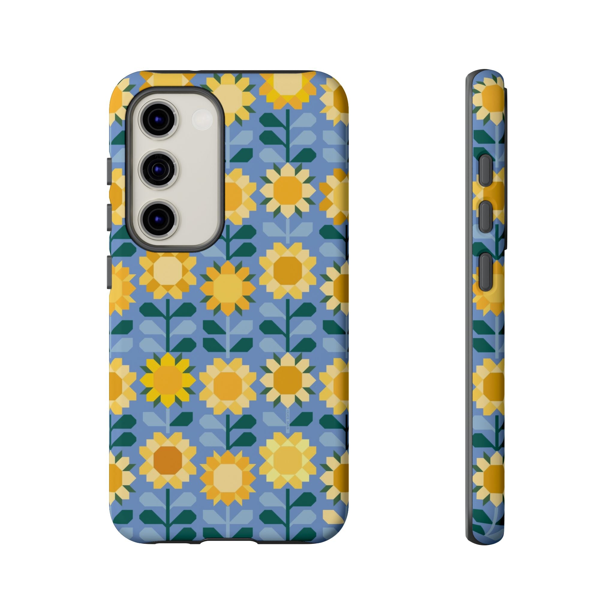 Luxury Sunflowers Samsung Galaxy S23 Case – Matte | blue, yellow, gold geometric sunflower print 
