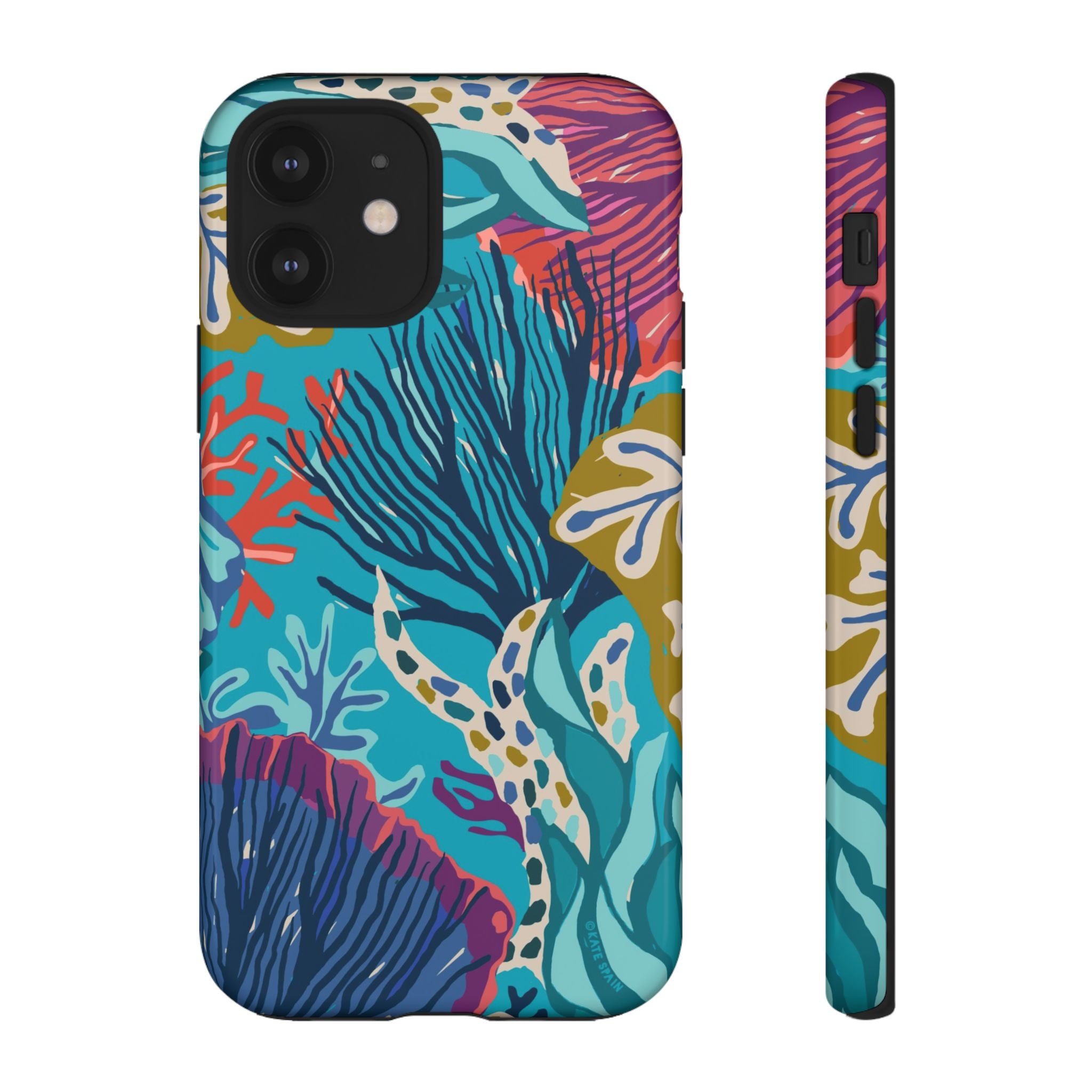Reef Tough iPhone 12 Case – Glossy | teal, coral, navy, purple botanical coral reef print