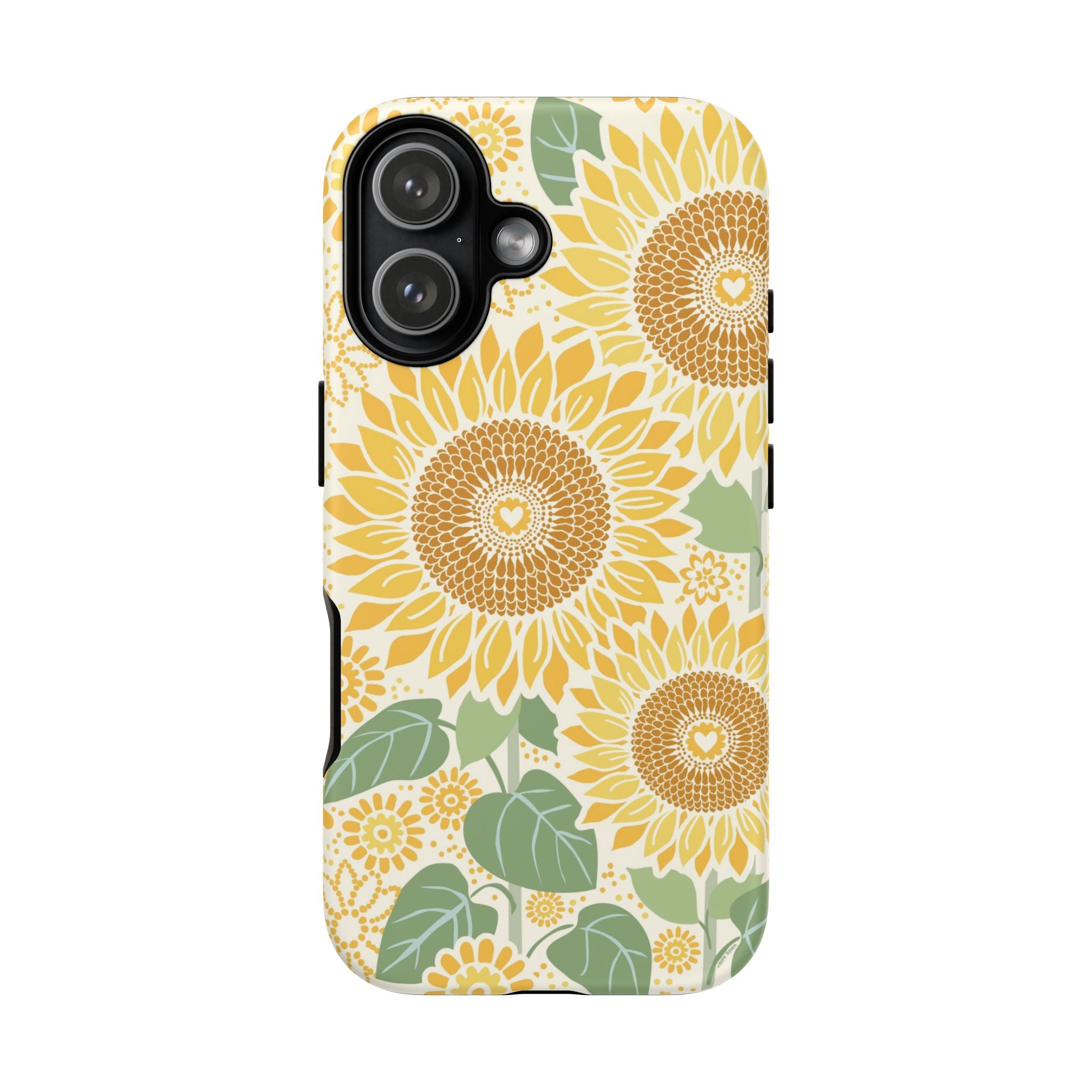 Sunny Sunflower iPhone 17 case – Matte | cream ground, large-scale yellow sunflower print, golden seed detail with heart centers, dual-layer protection