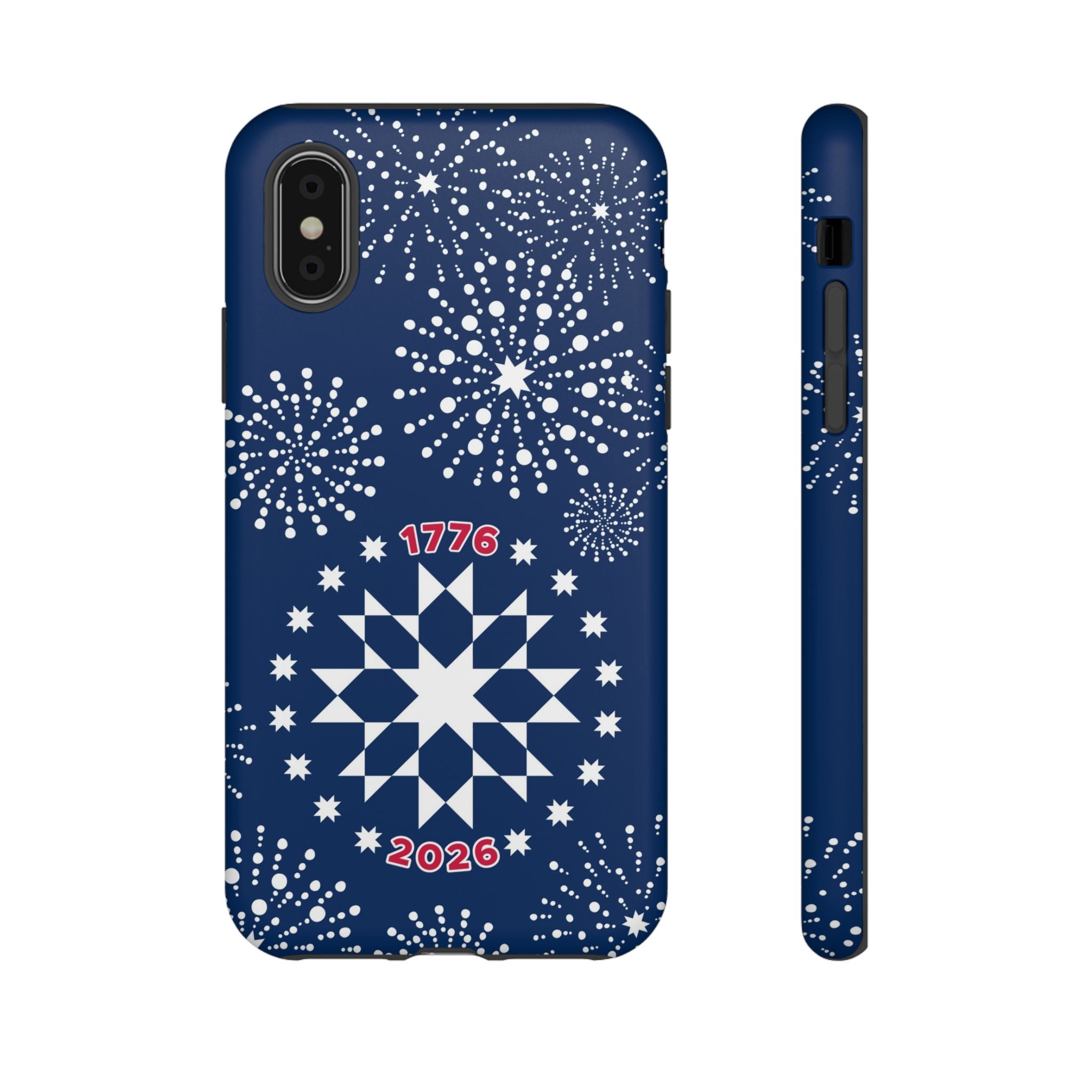 250th Fireworks Tough iPhone X Case – Matte | navy, white patriotic star quilt fireworks print