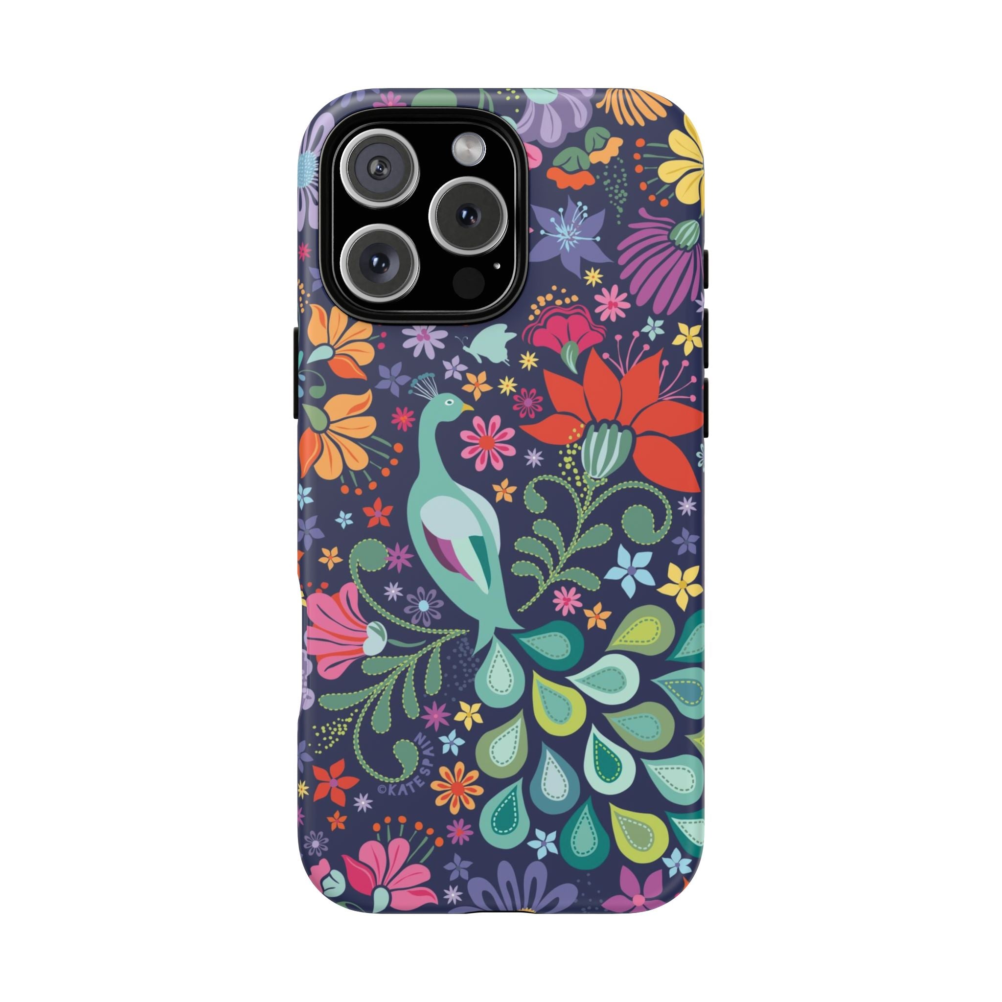 Peacock Sanctuary Tough iPhone 16 Pro Max Case – Matte | navy, teal, coral multicolor vibrant peacock feather botanical print