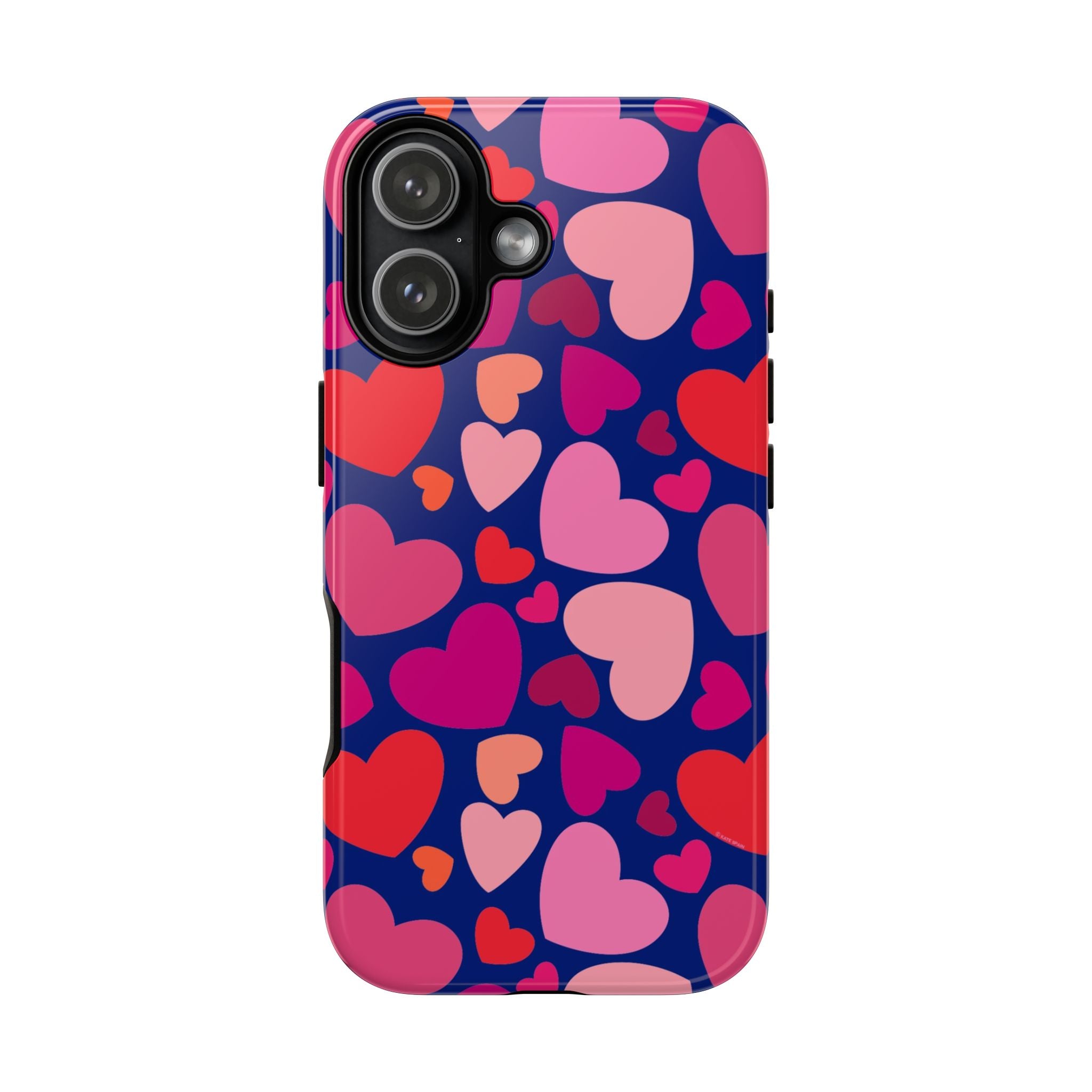 Hearts Tough iPhone 17 Case – Glossy | navy, pink, red, coral scattered heart print
