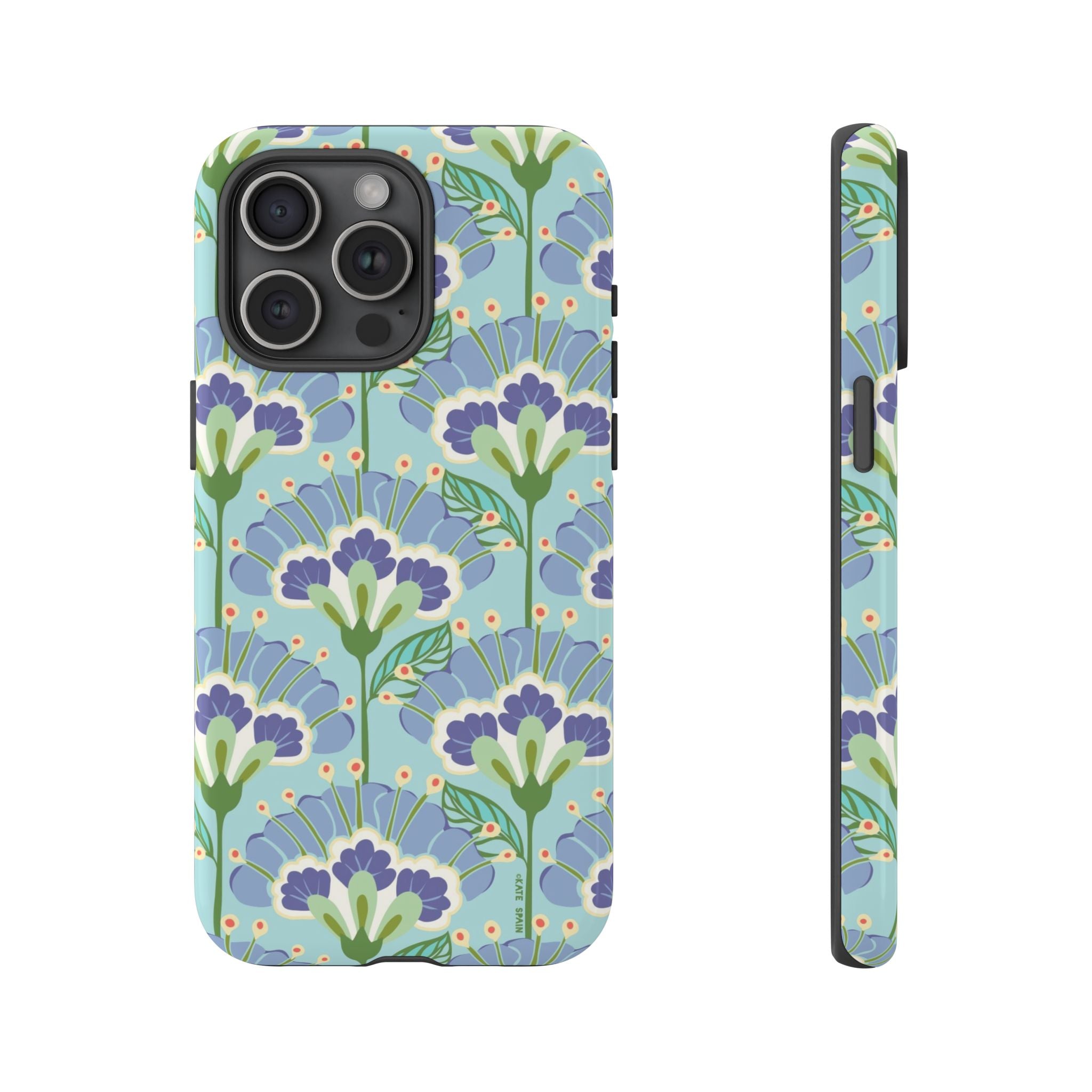 Lantern Flower Tough iPhone 15 Pro Case – Matte | aqua, periwinkle, green botanical lantern floral print