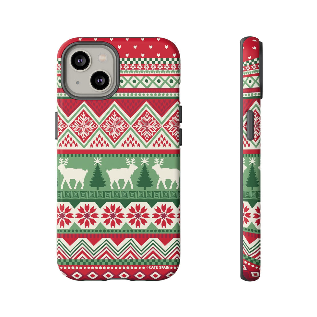 Telemark Tough iPhone 14 Case – Matte | red, green, cream fair isle reindeer Nordic print