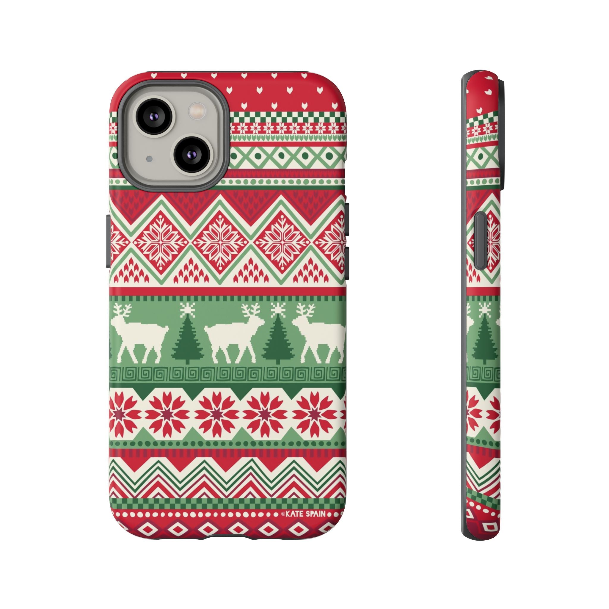 Telemark Tough iPhone 14 Case – Matte | red, green, cream fair isle reindeer Nordic print