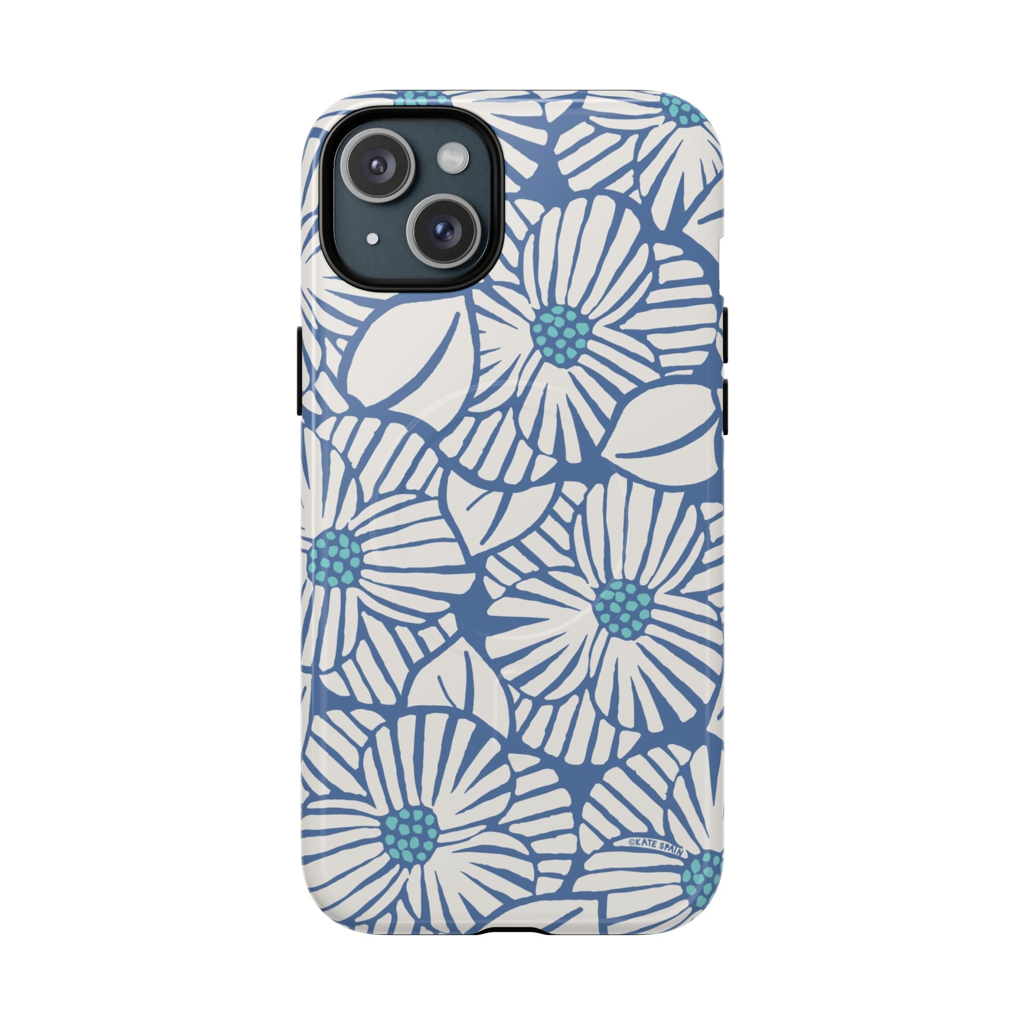 Calendula MagSafe iPhone 15 Plus Case – Glossy | periwinkle, cream, teal graphic daisy floral print