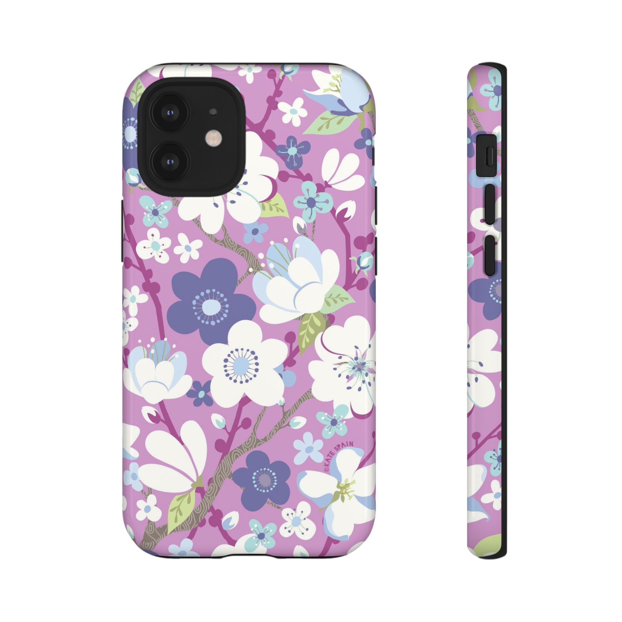 Luxury Cherry Blossom Tough iPhone 12 Mini Case – Glossy | mauve, purple, blue, white cherry blossom print