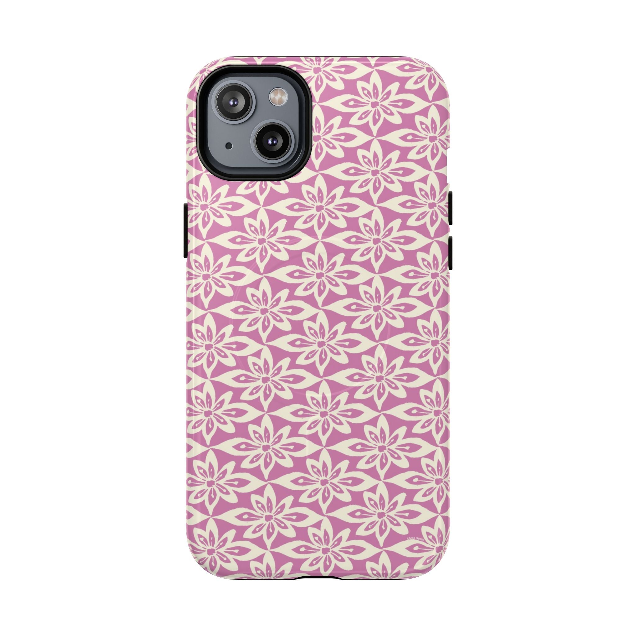 Lily Rose MagSafe iPhone 14 Plus Case – Glossy | graphic white lily print on soft rose — botanical MagSafe case by Kate Spain