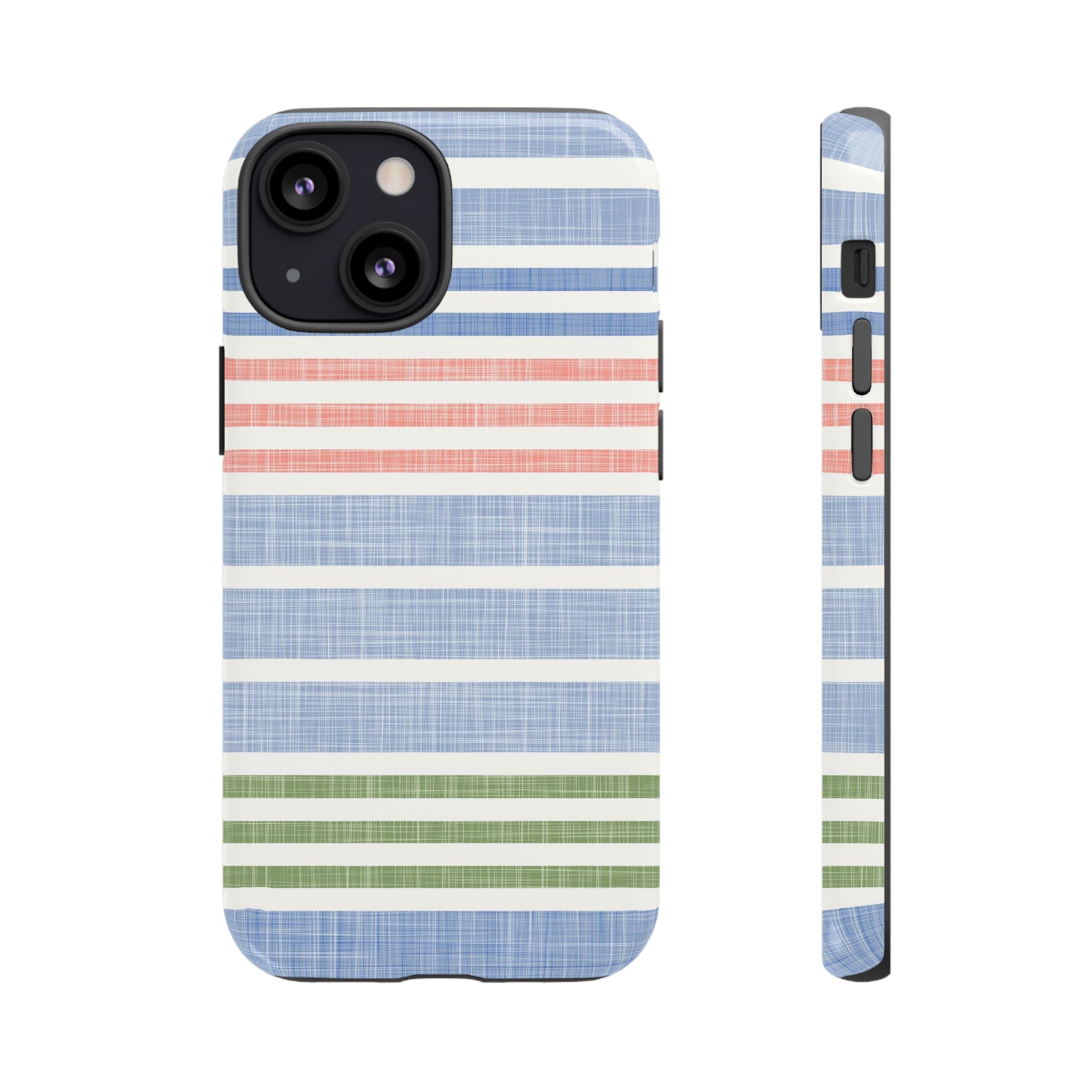 Cabana Stripe Pastel Tough iPhone 13 Mini Case – Glossy | soft blue, coral, sage green chambray-textured stripe print dual-layer protection