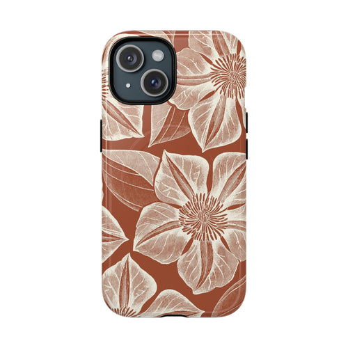 Vintage Bloom Sienna MagSafe iPhone 15 – Glossy | sienna ground, large-scale cream clematis print, engraved petal detail, dual-layer protection