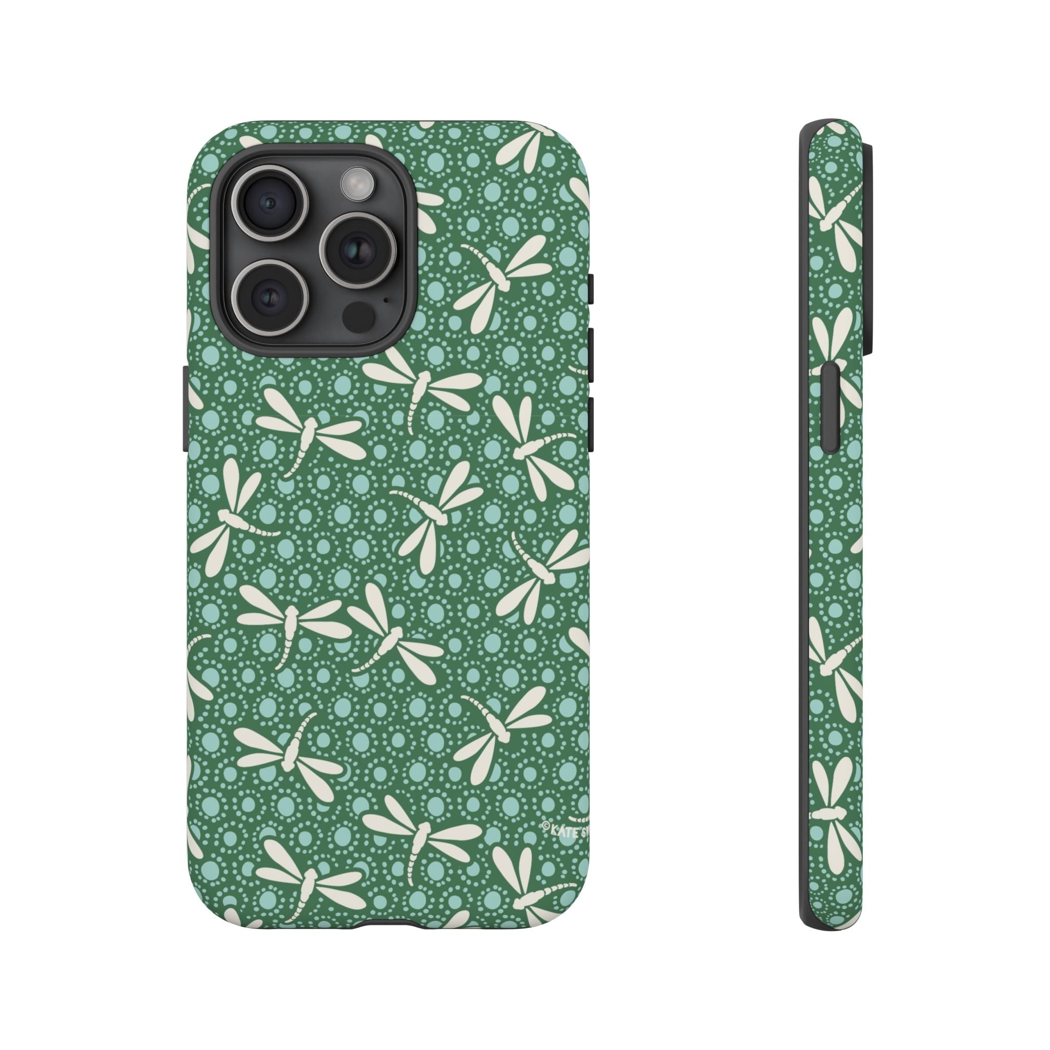 Designer Dragonfly Tough iPhone 15 Pro Max Case – Matte | jade green, aqua, cream dragonfly print