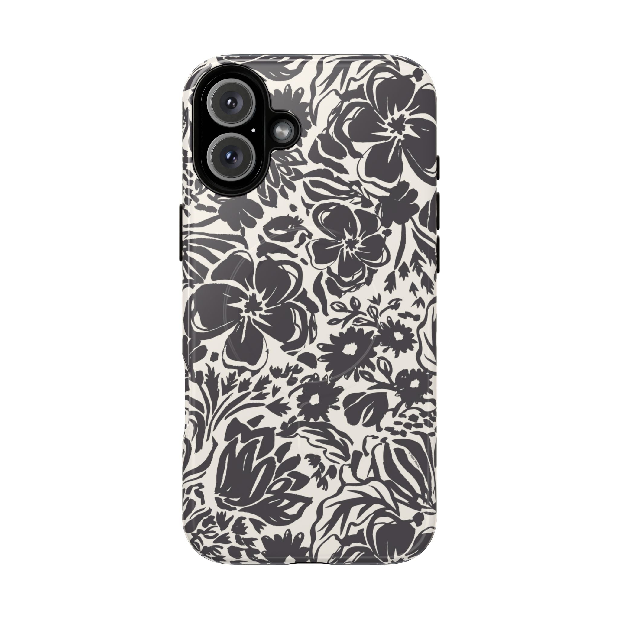 Rhapsody Black MagSafe iPhone 16 Pro Max Glossy case — bold charcoal floral print on cream by Kate Spain
