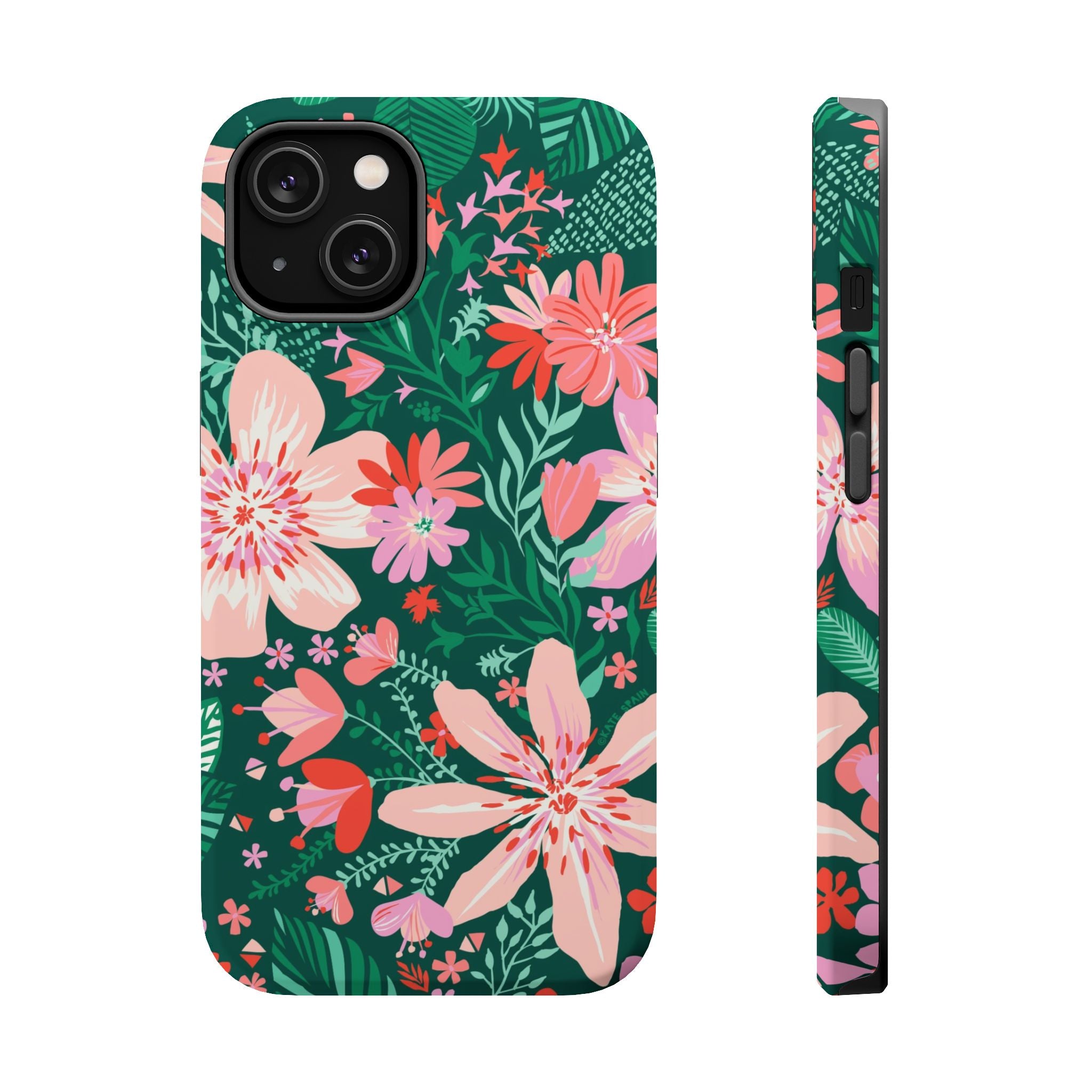 Bonaire MagSafe iPhone 14 Case – Matte | forest green, blush, coral tropical floral print