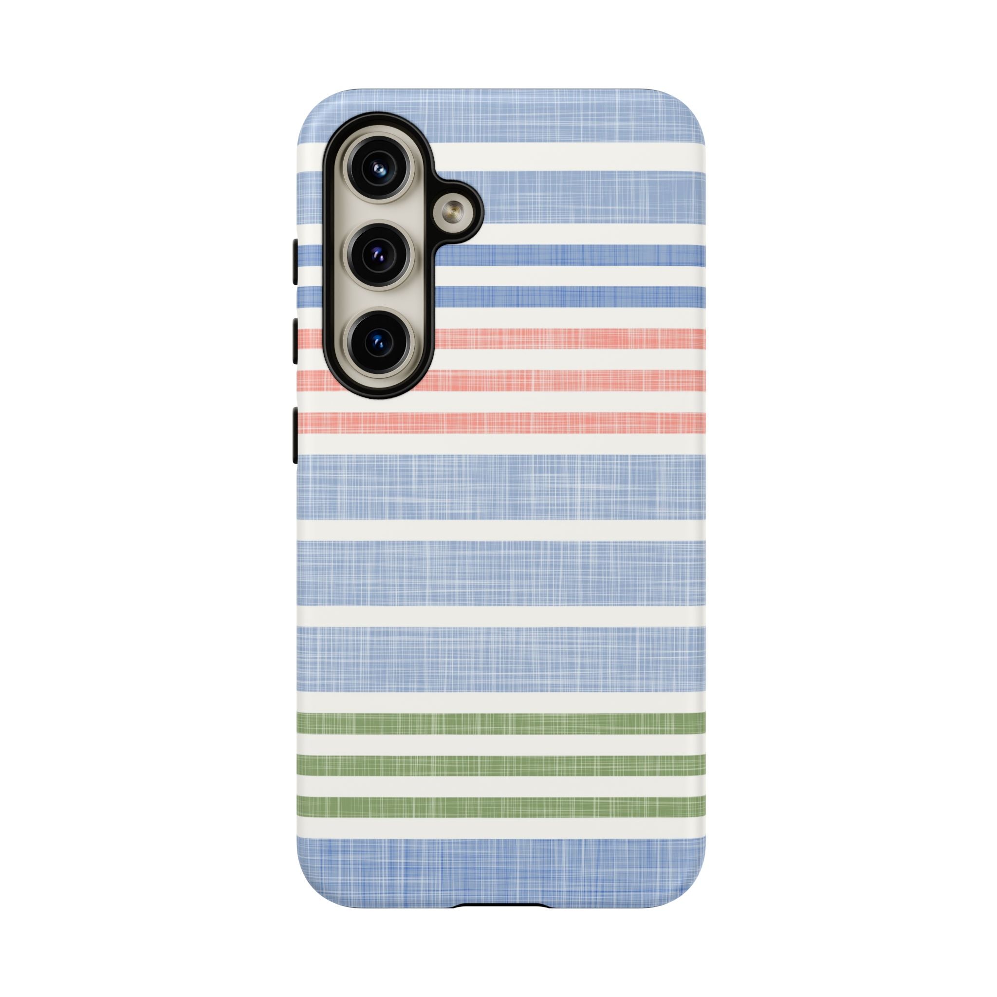 Cabana Stripe Pastel Samsung Galaxy S24 Case – Matte | soft blue, coral, sage green chambray-textured stripe print dual-layer protection
