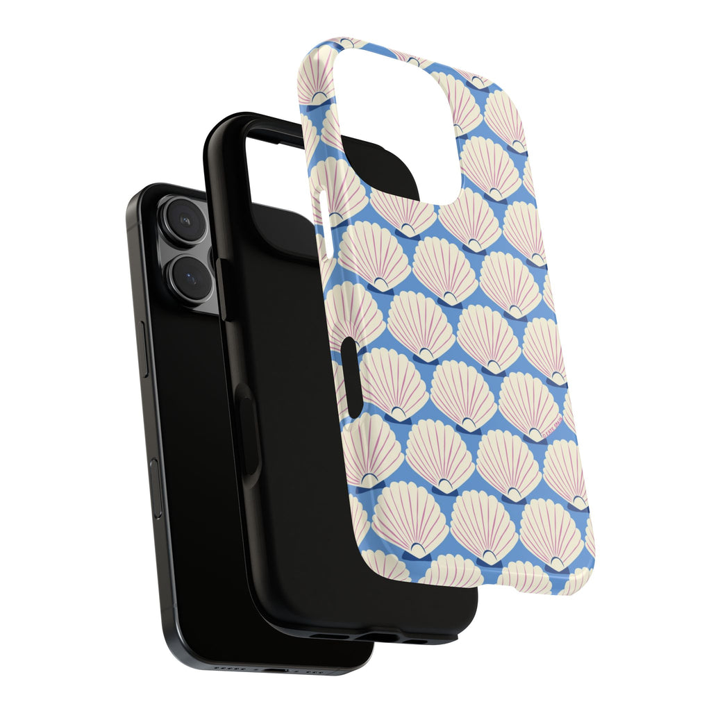 Seashells Tough iPhone 16 Pro Max Case – lifestyle angled shot | periwinkle, cream, blush scallop shell print