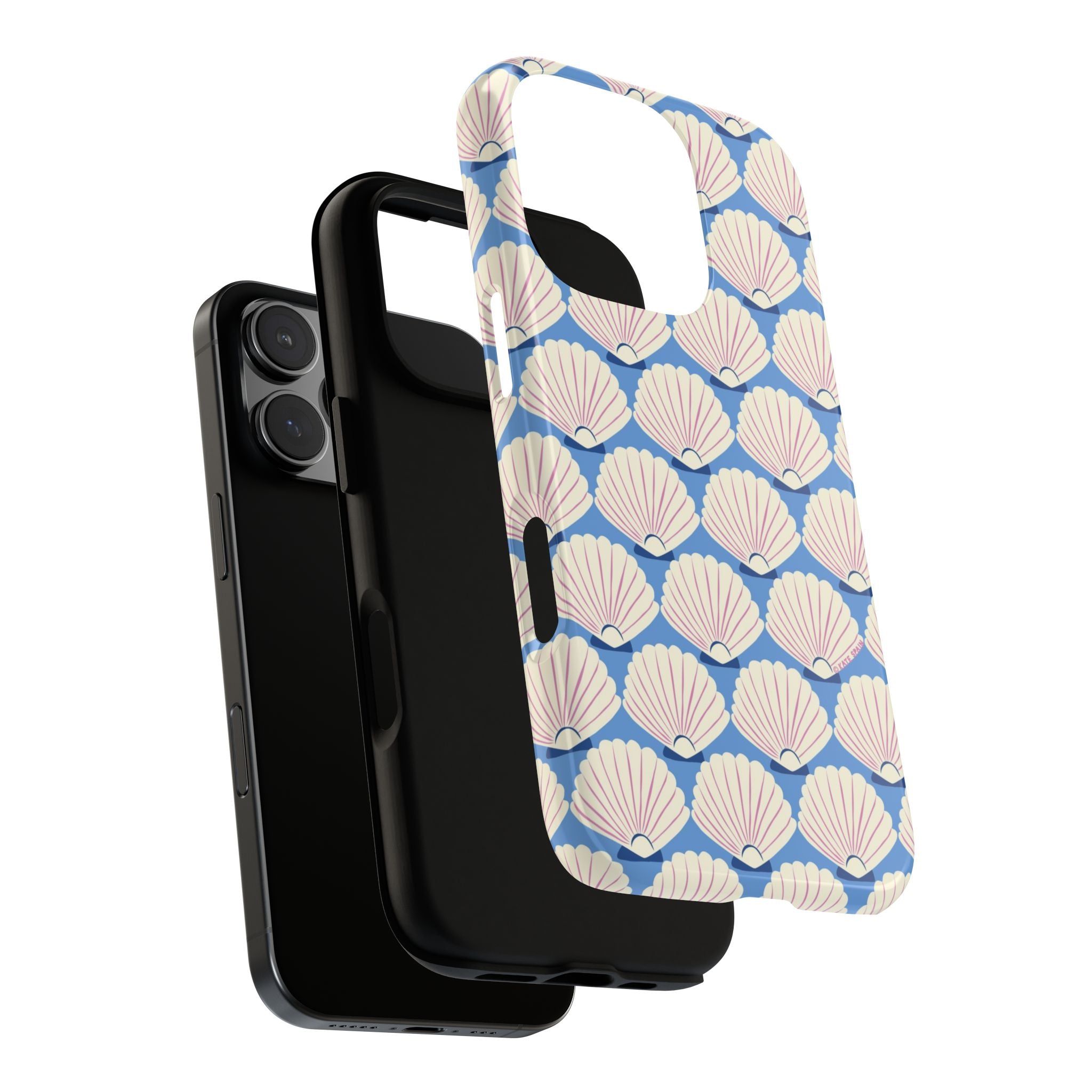 Seashells Tough iPhone 16 Pro Max Case – lifestyle angled shot | periwinkle, cream, blush scallop shell print