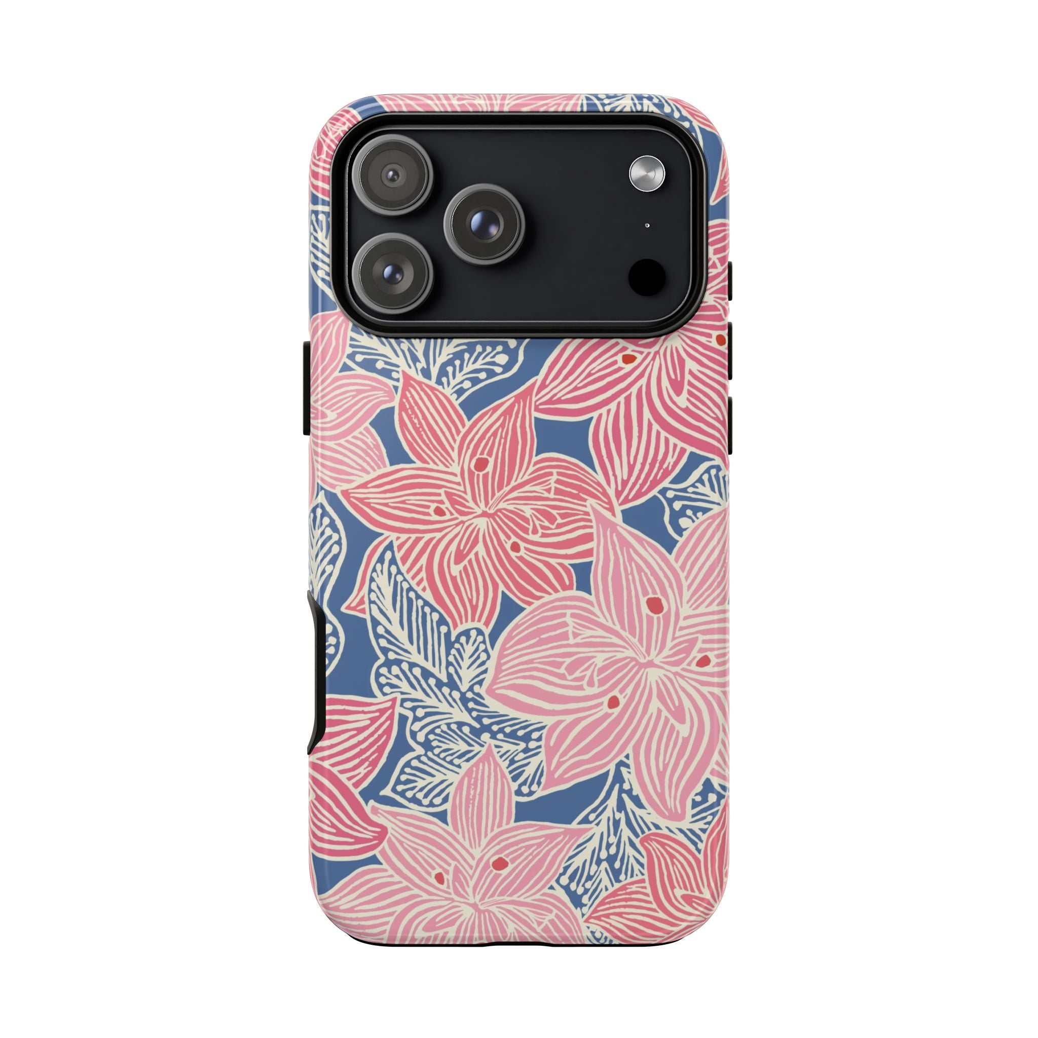 Hibiscus Lagoon Tough iPhone 17 Pro Max Case – Glossy | coral, blush, cream, dusty blue hibiscus botanical print