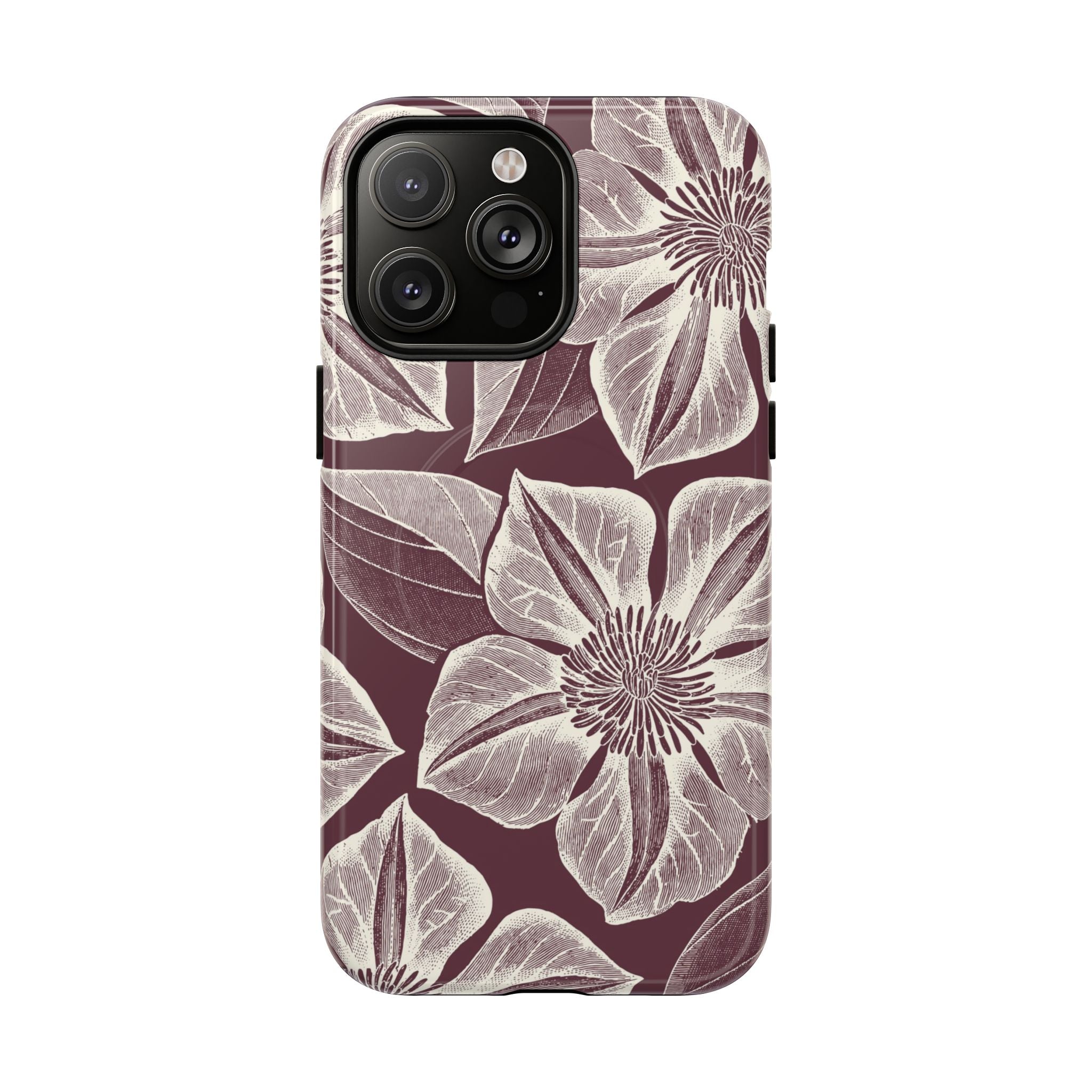 Vintage Bloom Burgundy MagSafe iPhone 14 Plus Case – Matte | burgundy ground, large-scale cream clematis print, engraved petal detail, dual-layer protection