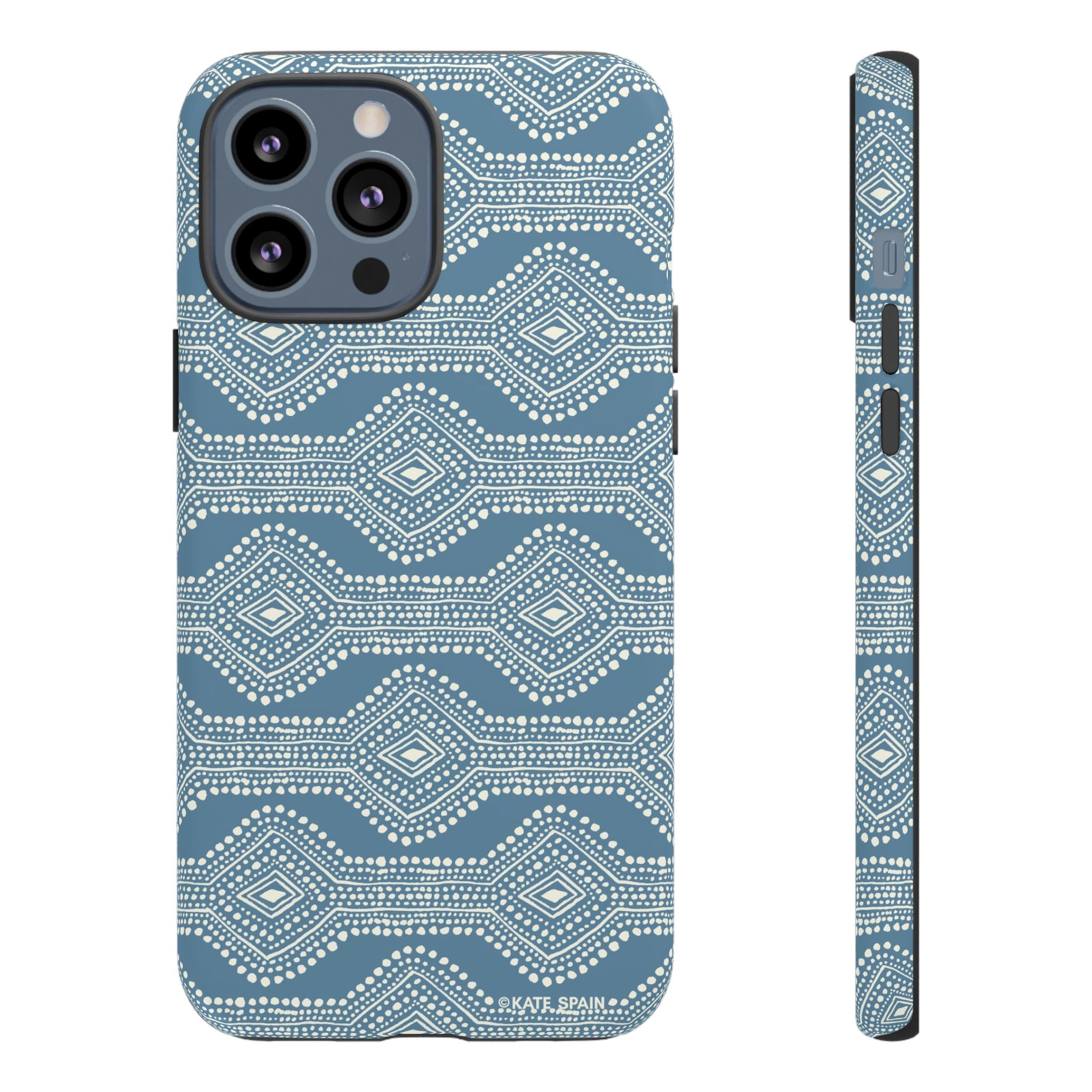 Diamond Dots Tough iPhone 13 Pro Max Case – Matte | steel blue, white diamond dot geometric print