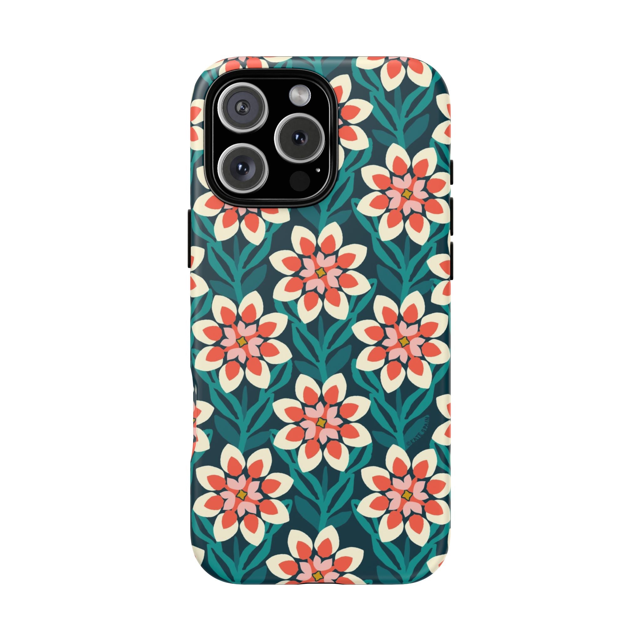 Modern Dahlia Tough iPhone 16 Pro Max Case – Matte | teal, coral, cream geometric dahlia floral print