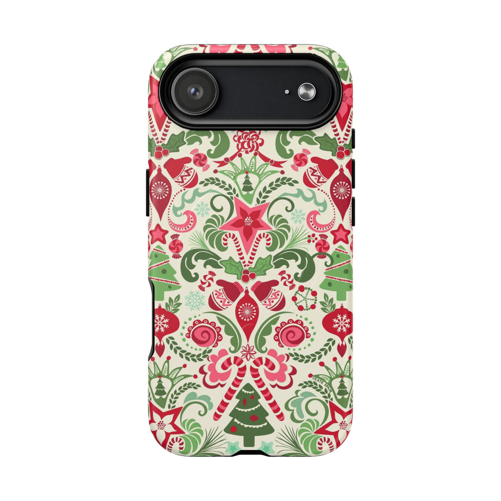 Wonderland MagSafe iPhone 17 Air Case – Matte | cream, red, and green Christmas holiday medallion print with ornaments, candy canes, trees, and stars