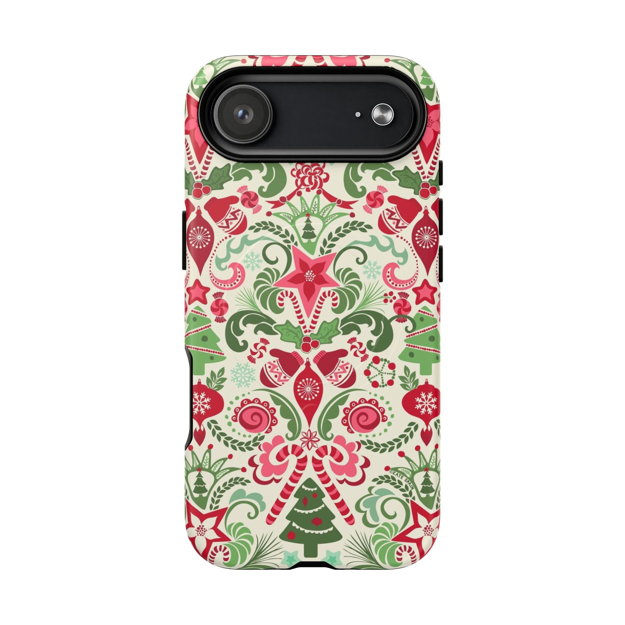 Wonderland MagSafe iPhone 17 Air Case – Matte | cream, red, and green Christmas holiday medallion print with ornaments, candy canes, trees, and stars