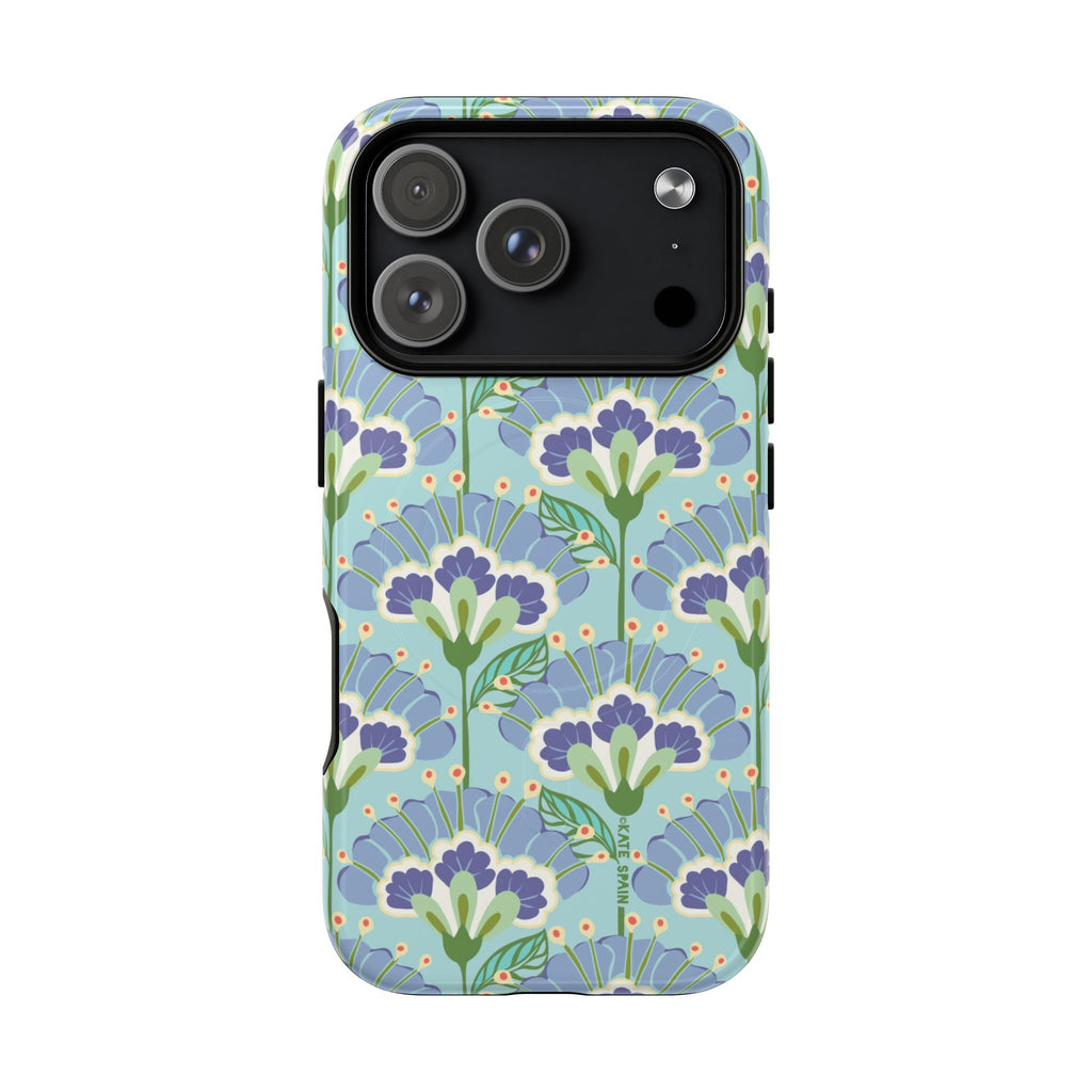 Lantern Flower MagSafe iPhone 17 Pro Case – Glossy | aqua, periwinkle, green botanical lantern floral print