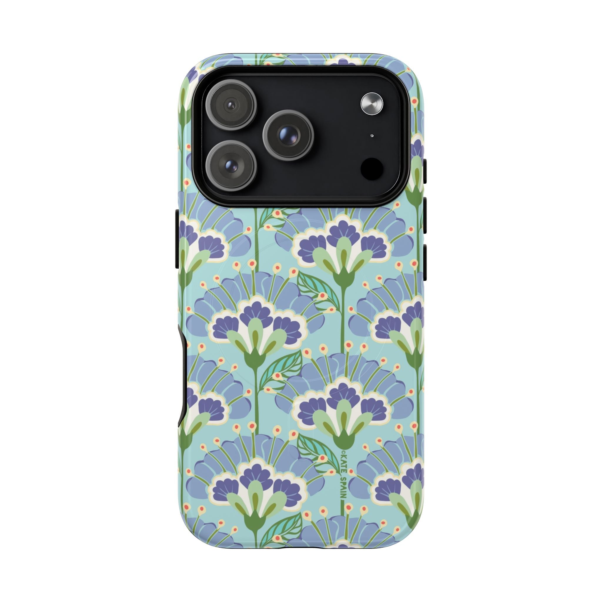 Lantern Flower MagSafe iPhone 17 Pro Case – Glossy | aqua, periwinkle, green botanical lantern floral print