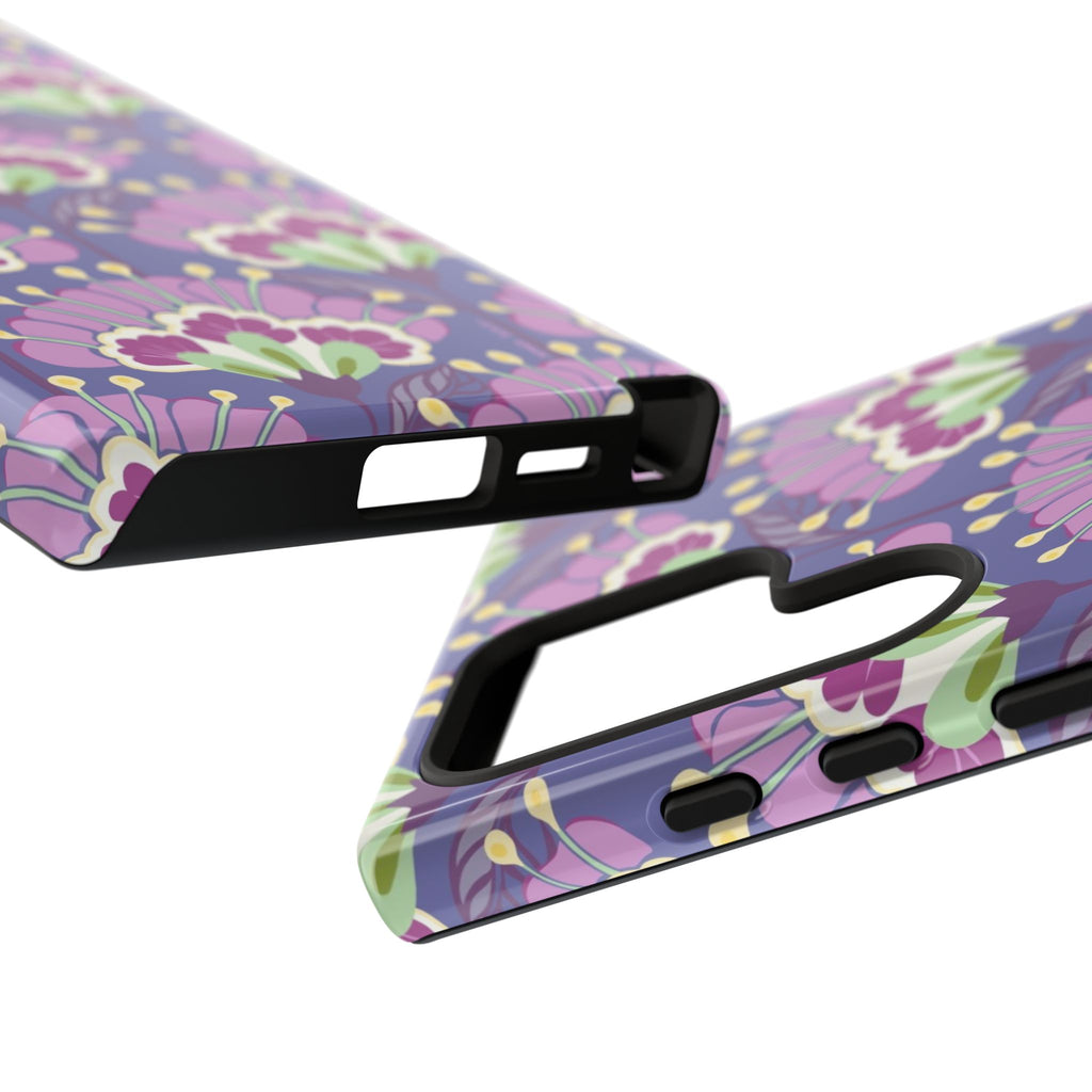 Luxury Lantern Flower Samsung Galaxy S24 Ultra Case – Glossy | close-up of sides, buttons, and ports of case in mauve, purple, lime green floral print