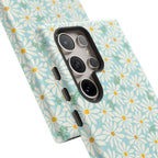 Daisies Samsung Galaxy S25 Ultra Case – Glossy | sky blue, white daisy print, golden yellow centers, mint green leaves | side angled view closeup of camera cutout and buttons