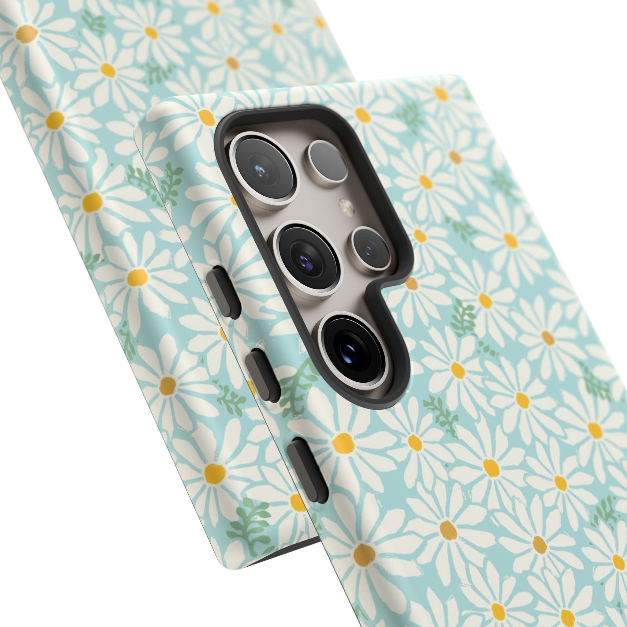 Daisies Samsung Galaxy S25 Ultra Case – Glossy | sky blue, white daisy print, golden yellow centers, mint green leaves | side angled view closeup of camera cutout and buttons