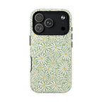 Montauk Daisy Meadow Green MagSafe iPhone 17 Pro Case – Glossy | sage green, white graphic daisy and fern print, golden yellow centers MagSafe compatible, dual-layer protection