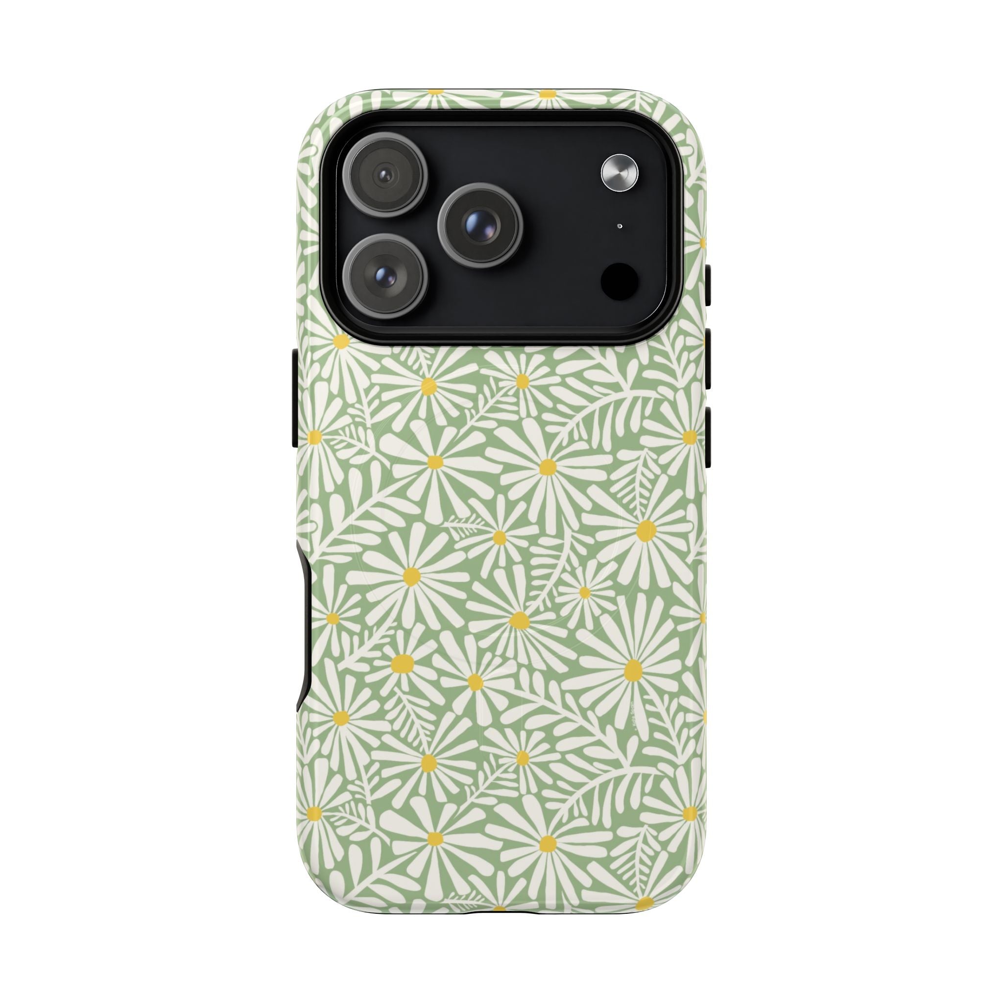 Montauk Daisy Meadow Green MagSafe iPhone 17 Pro Case – Glossy | sage green, white graphic daisy and fern print, golden yellow centers MagSafe compatible, dual-layer protection