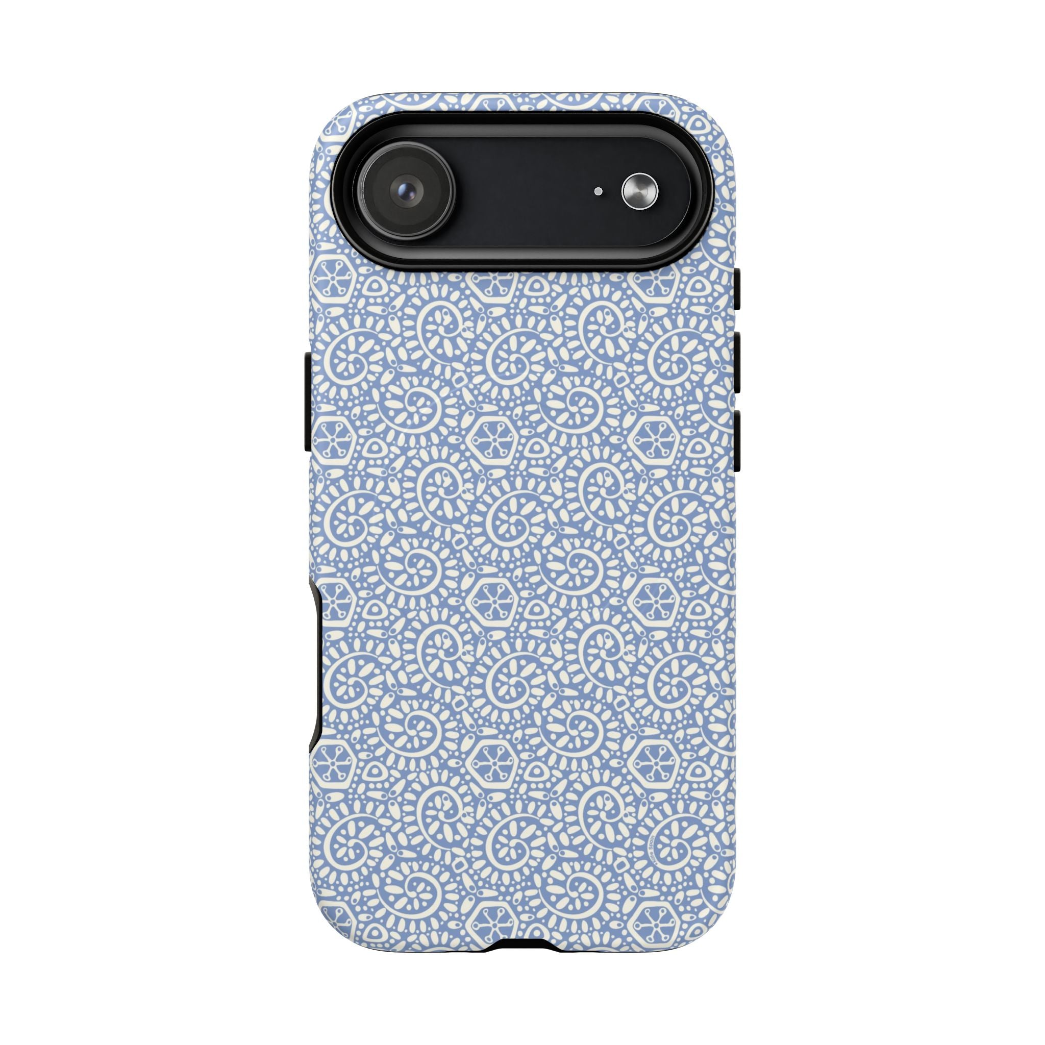 Canto Swirls Mist MagSafe iPhone 17 Air Matte Case — periwinkle blue hard case covered in an intricate folk-art medallion pattern of radiating white circular motifs, dot clusters, and geometric centers