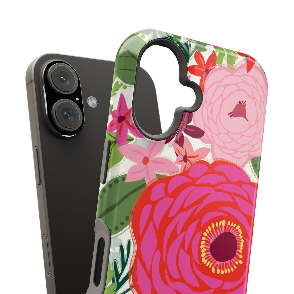 Bloomerie MagSafe iPhone Case – feature shot of dual-layered MagSafe case snapped off of the iPhone | cream, magenta, coral botanical peony floral print