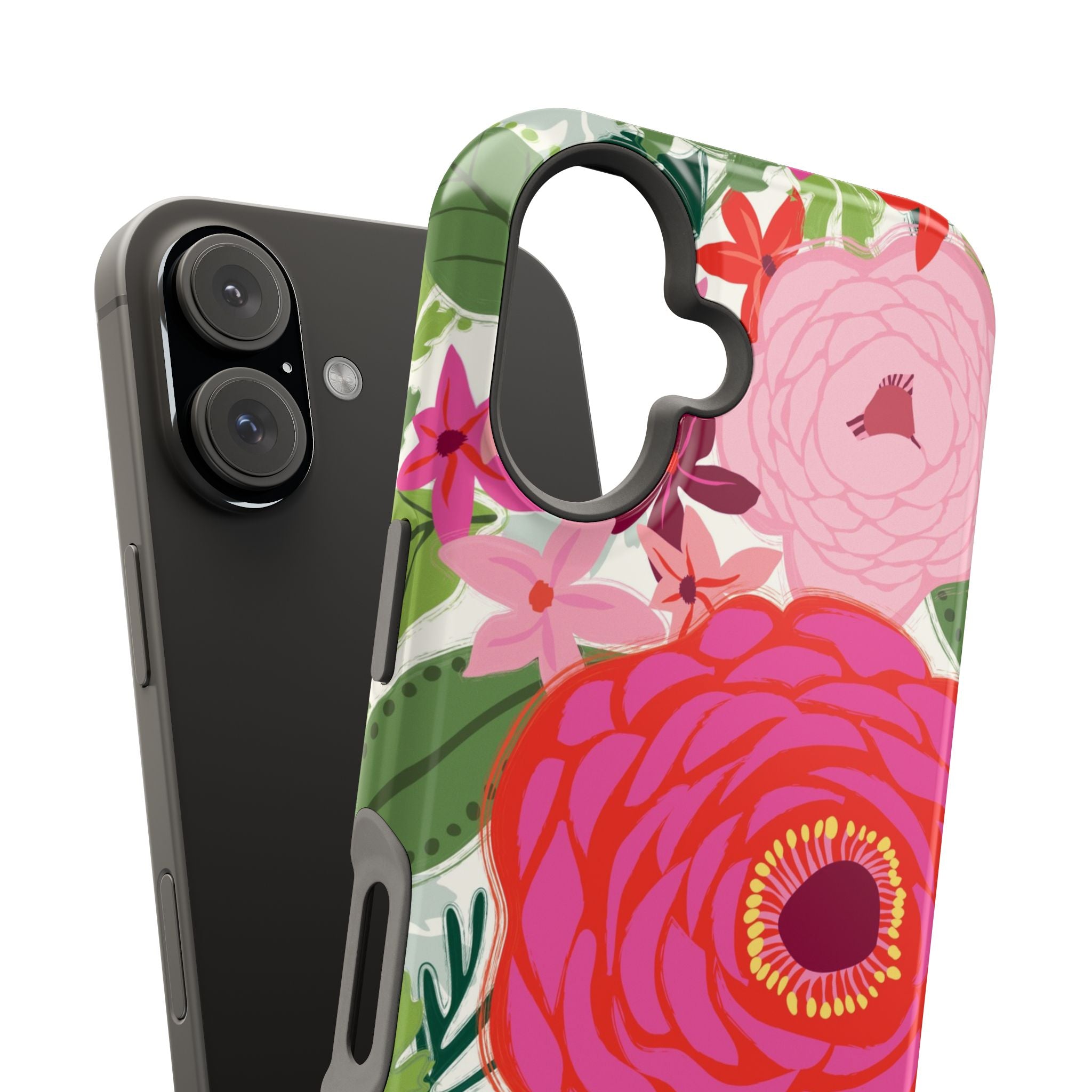 Bloomerie MagSafe iPhone Case – feature shot of dual-layered MagSafe case snapped off of the iPhone | cream, magenta, coral botanical peony floral print